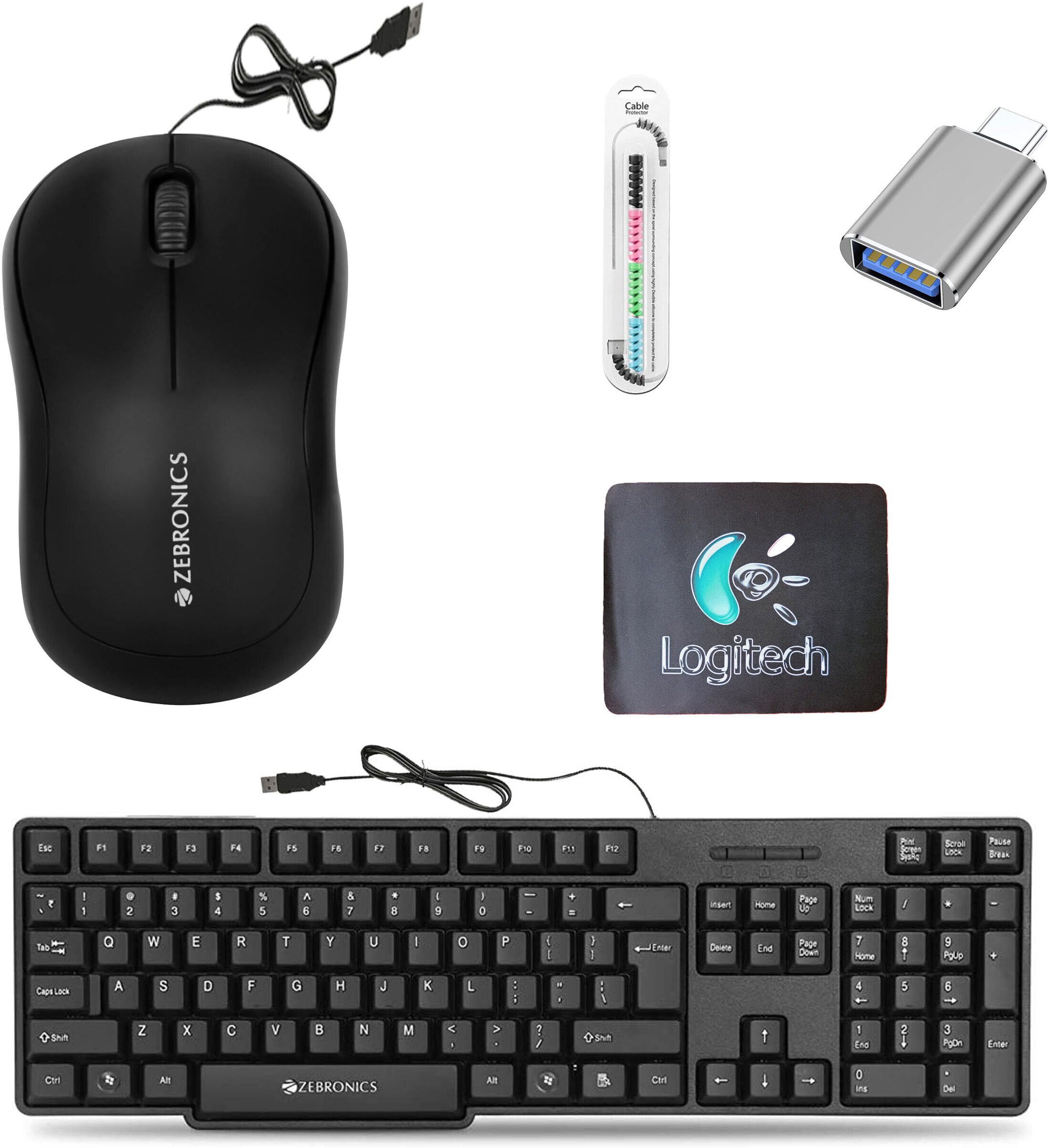 ZEBRONICS K20 Keyboard, Comfort Mouse, MousePad, C-OTG,Cable Protector .(Set of 5). Combo Set-picture-27