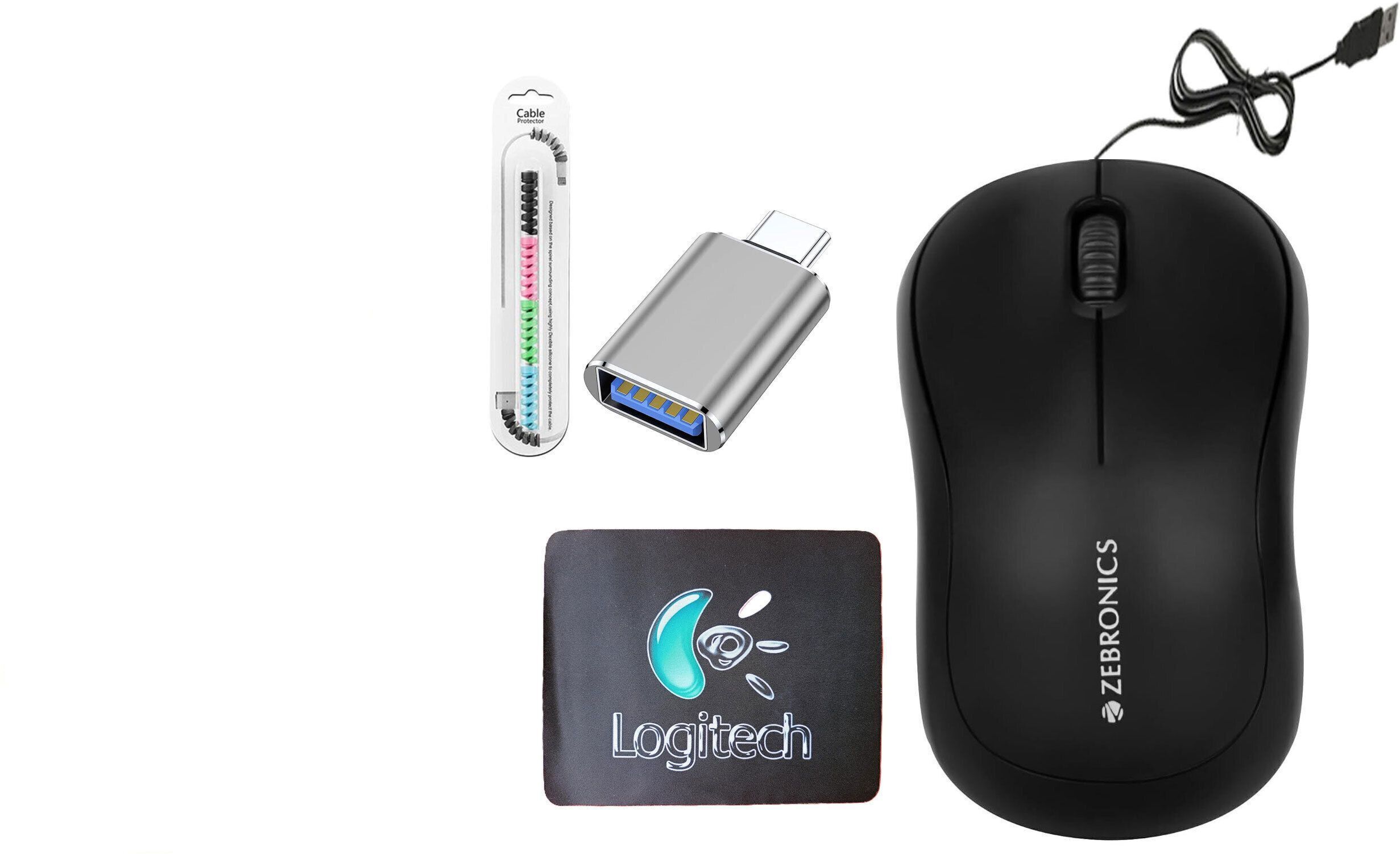 ZEBRONICS Wired Mouse, MousePad, C-OTG & Cable Protector (Pack of 4) Combo Set-image-49