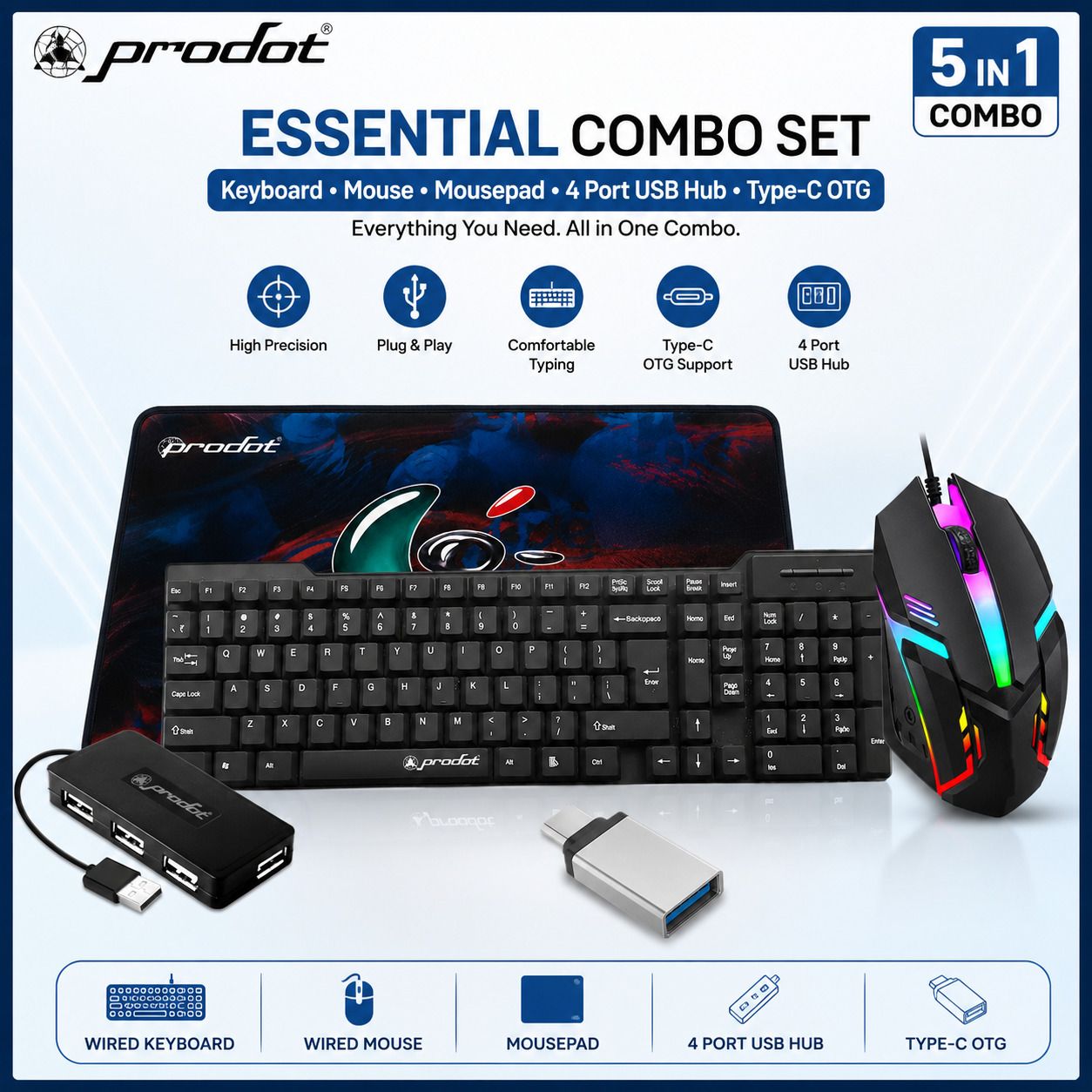 PRODOT 5-in-1 Computer Accessories (Keyboard+RGB Mouse+USB Hub+Type-COTG+Mouse Pad) Combo Set-picture-29