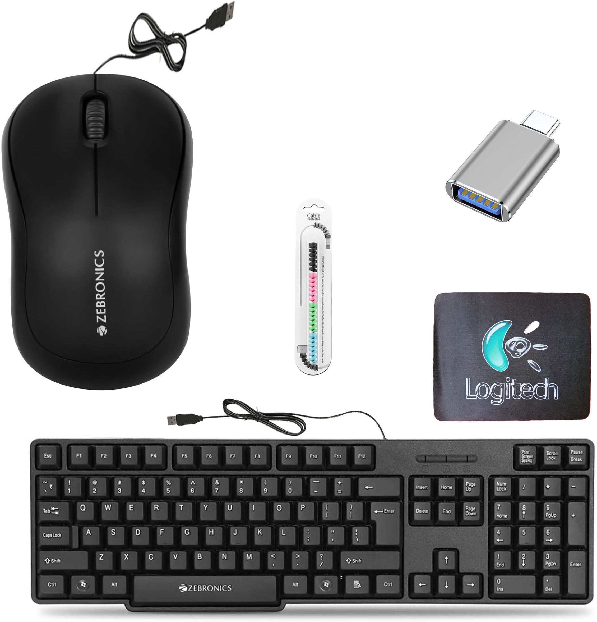ZEBRONICS Wired Keyboard, Mouse, Mouse Pad, C-OTG, Cable Protector (Set of 5) Combo Set-image-37