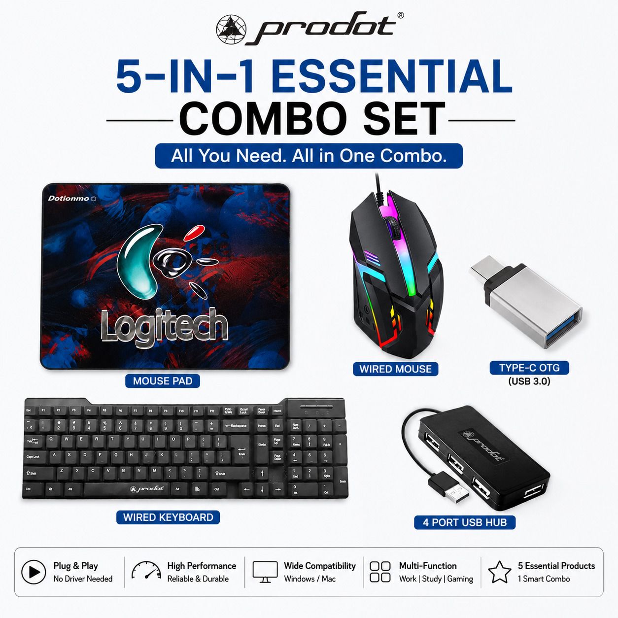 PRODOT 5-in-1 Computer Accessories (Keyboard+RGB Mouse+USB Hub+Type-COTG+Mouse Pad) Combo Set-picture-13