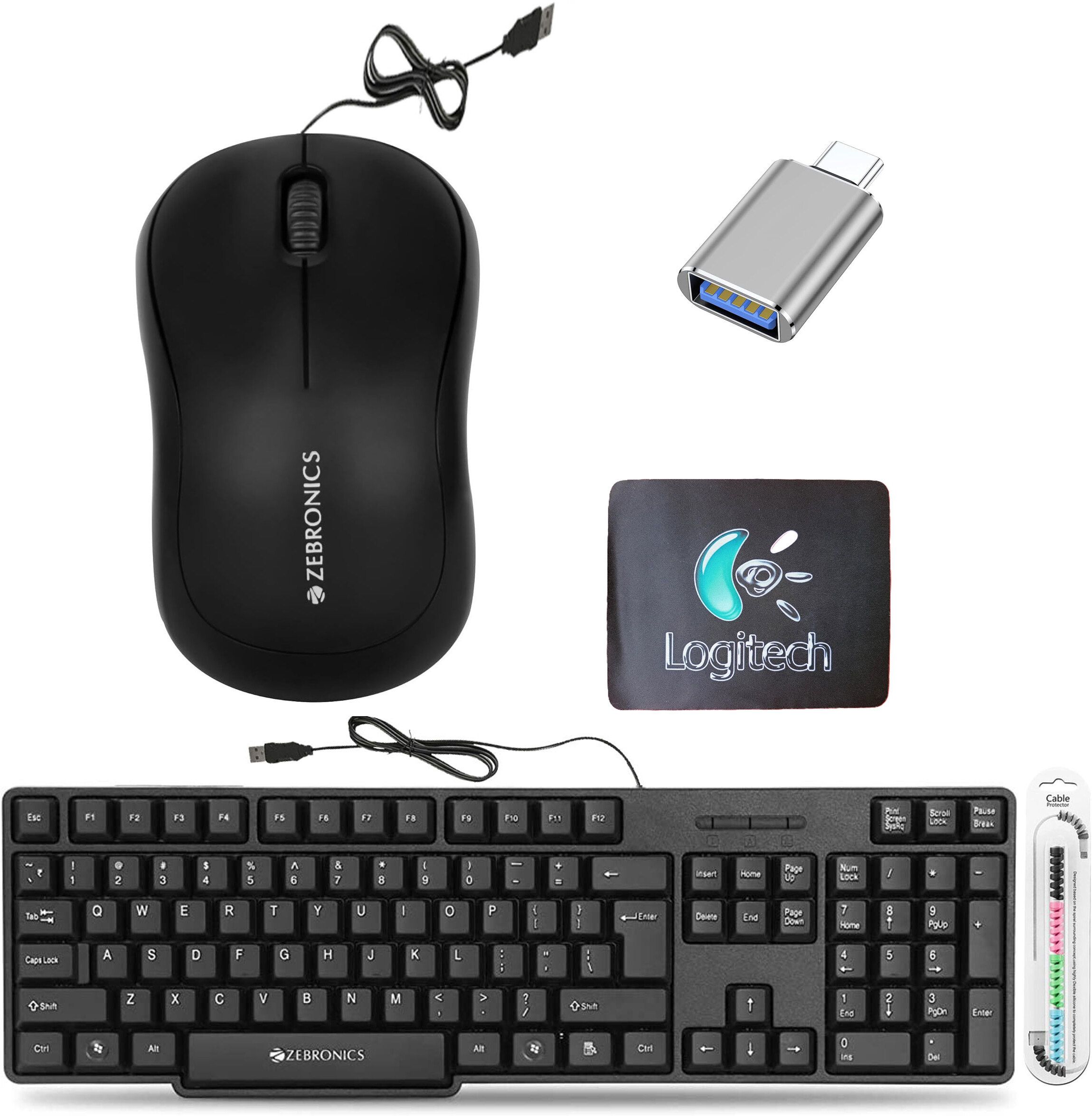 ZEBRONICS Wired Keyboard, Mouse, Mouse Pad, C-OTG, Cable Protector (Pack Of 5) Combo Set-picture-19