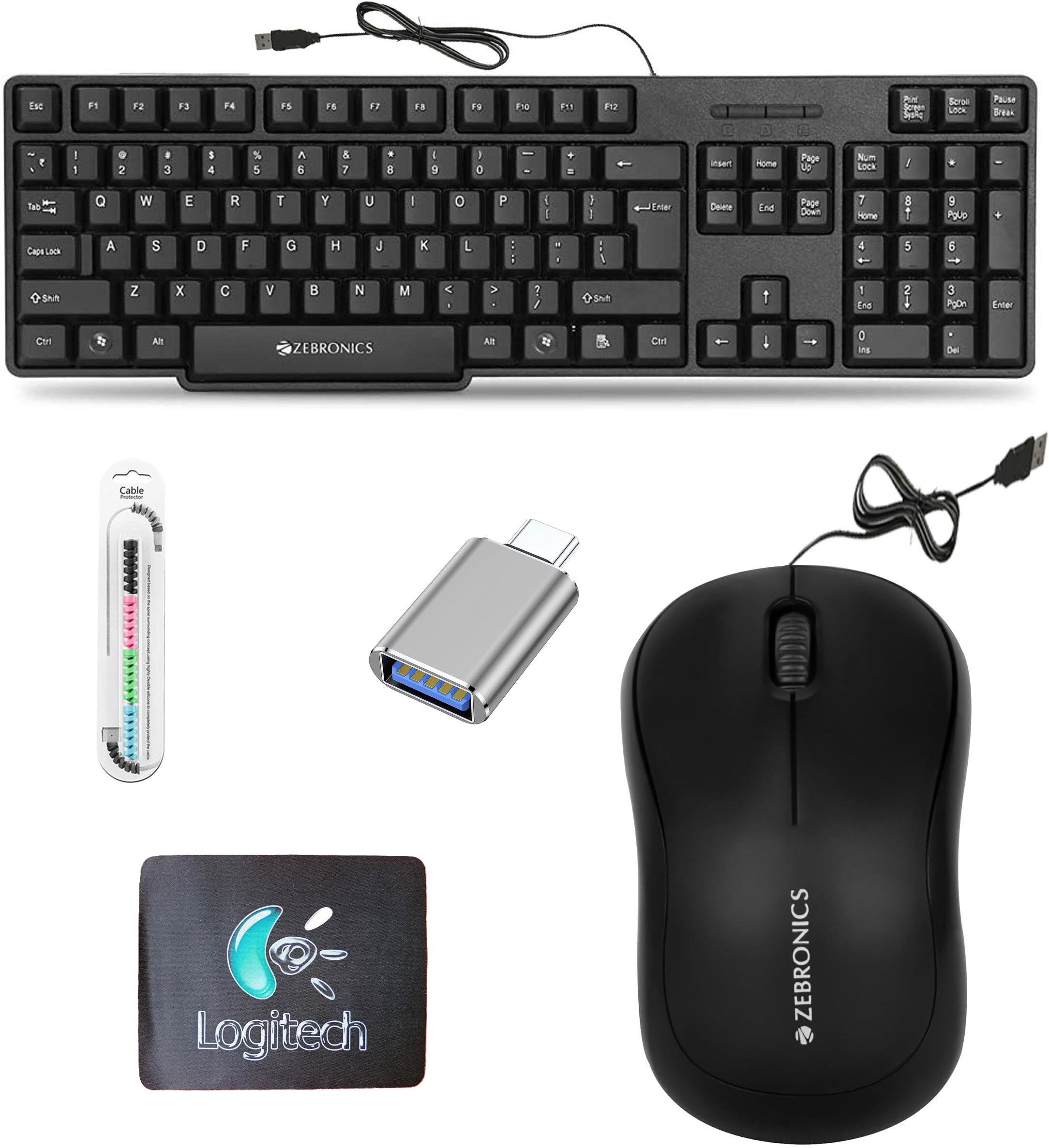 ZEBRONICS Wired Keyboard, Mouse, MousePad, C-OTG, Cable Protector (Set of 5) Combo Set-picture-17