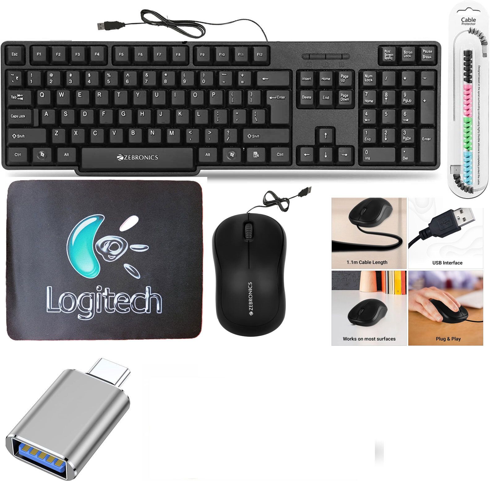 Mophonics Wired K20 Keyboard-Mouse, MousePad, C-OTG, , Cable Protector ( Set-5) Combo Set-picture-33