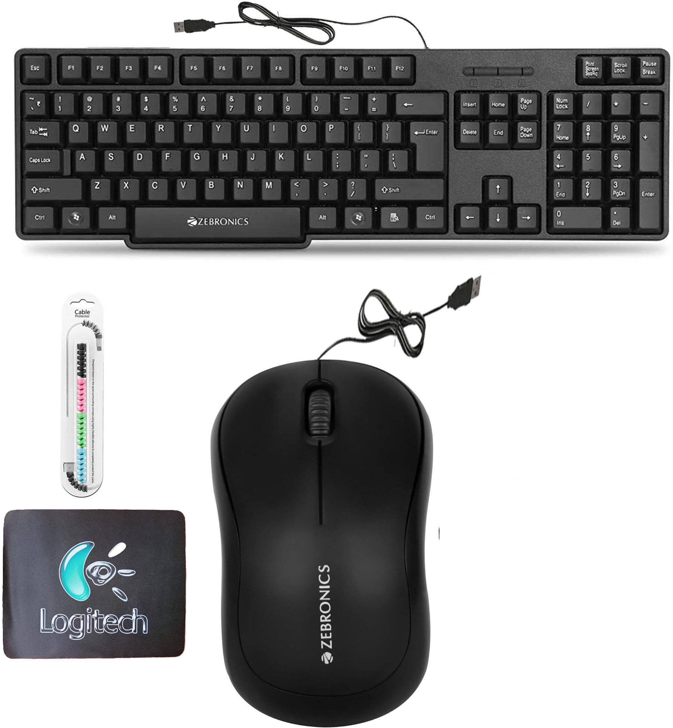 tagvin wired k20 keyboard, mouse, mouse pad & cable protector .(set-4). combo set