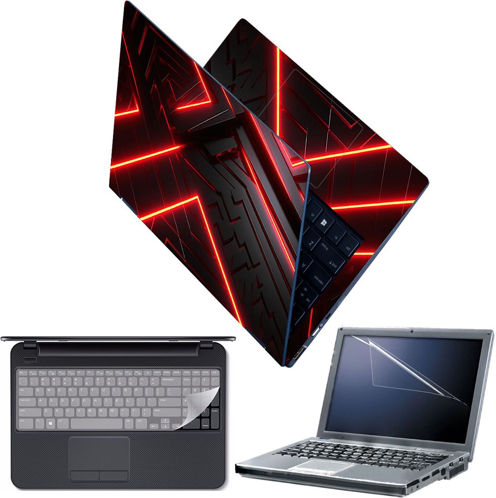 Techfit Full Body Laptop Skin with Screen Guard and Key Guard - Yellow Red Neon on Black Combo Set-image-31