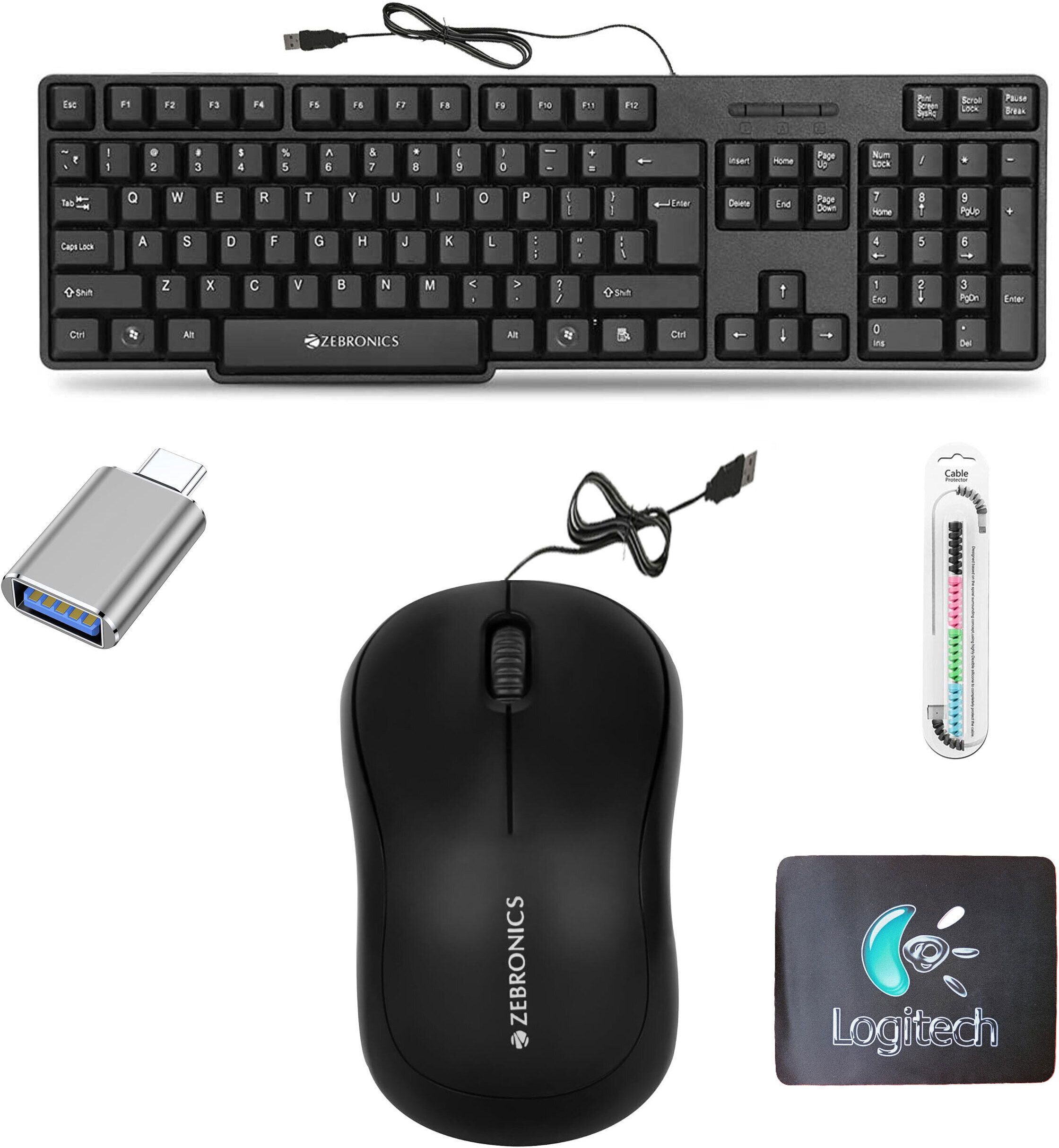 ZEBRONICS Keyboard, Comfort Mouse, MousePad, C-OTG, Cable Protector (Set-5) Combo Set-image-0