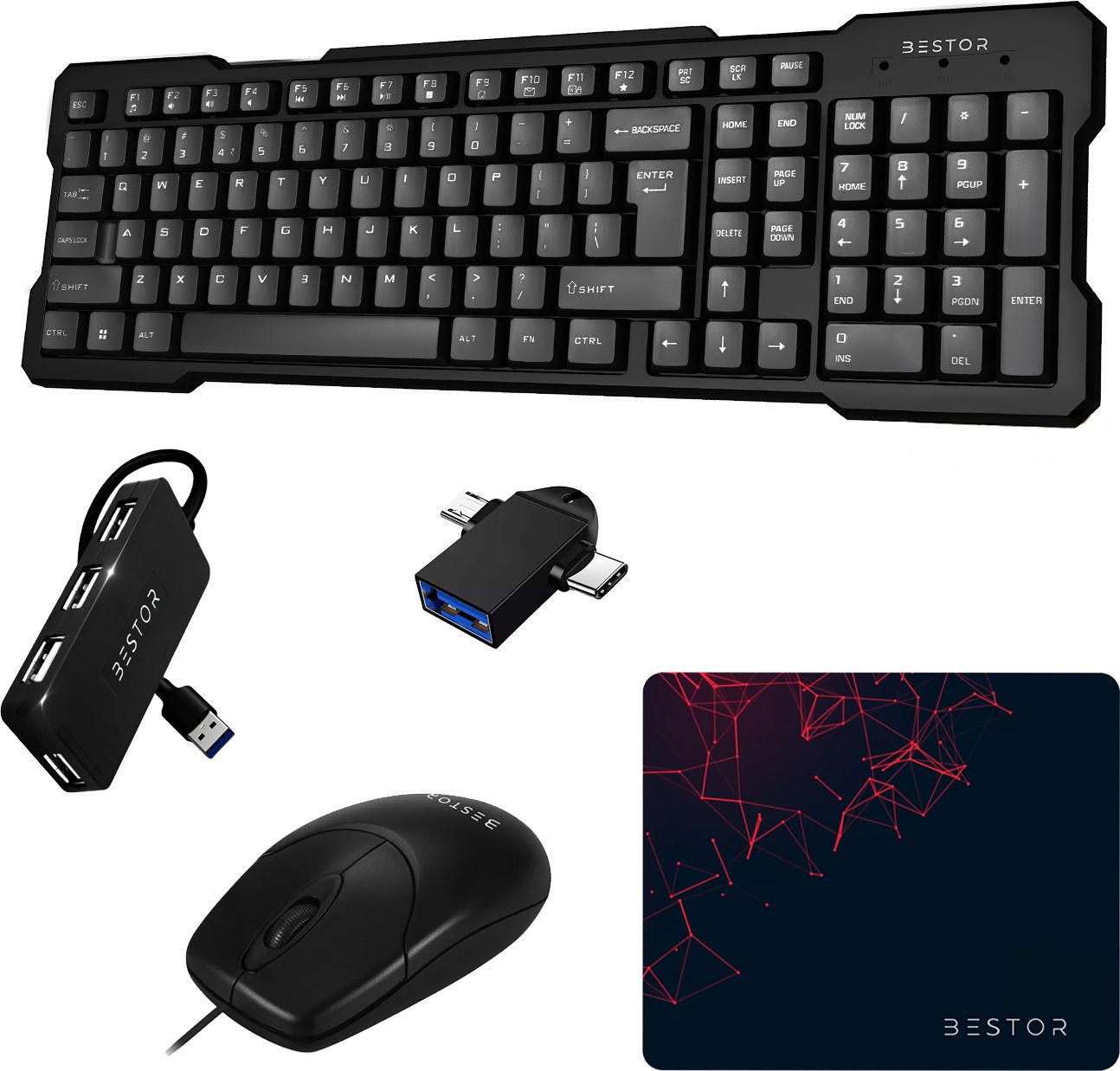 Bestor Set of 5 Combo,USB Wired Keyboard,Wire Mouse,Mouse Pad, Otg Adapter,4port HUB Combo Set-picture-31