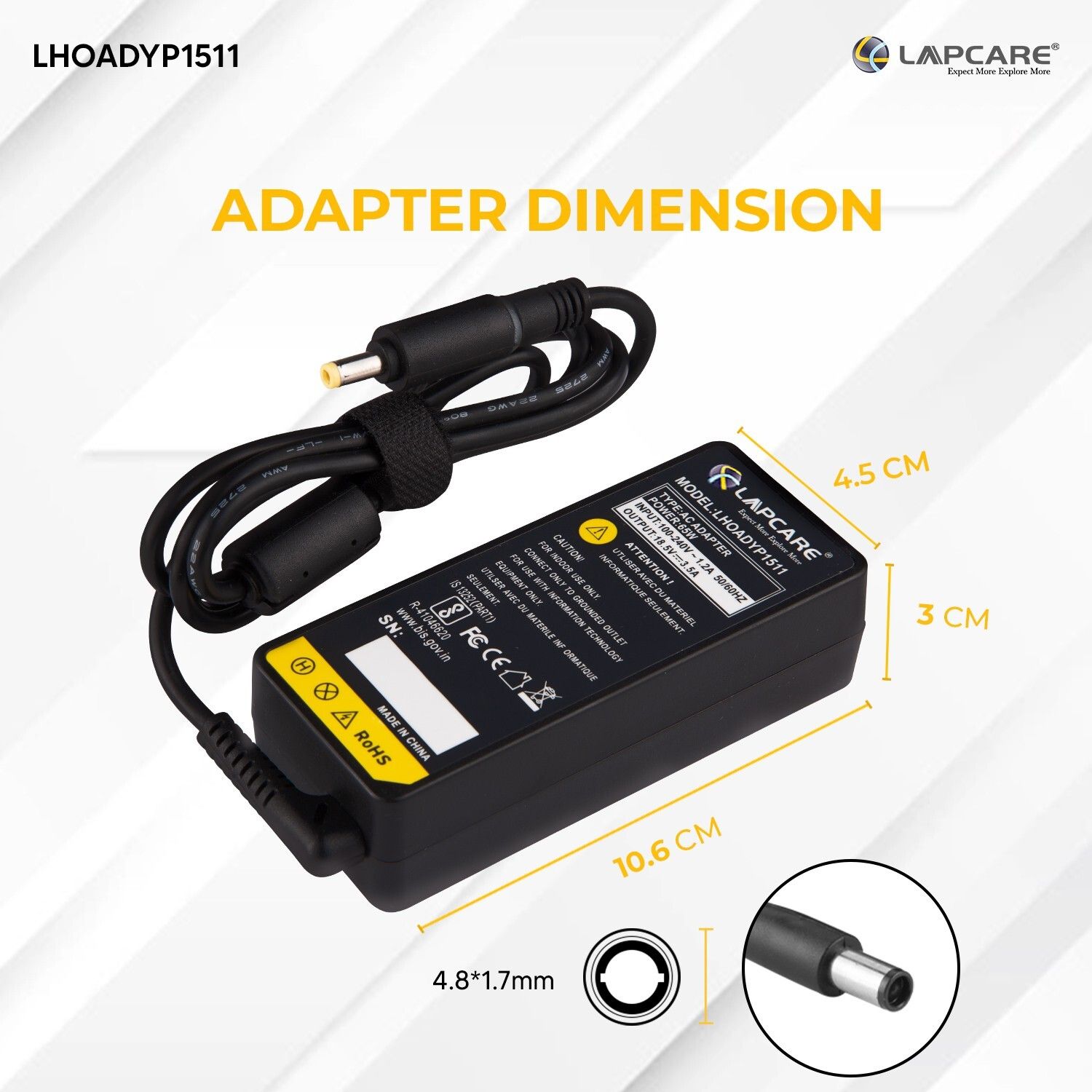 LAPCARE Adapter Charger for HP 18.5v 3.5A 65W Yellow Pin 65 W Adapter-picture-18