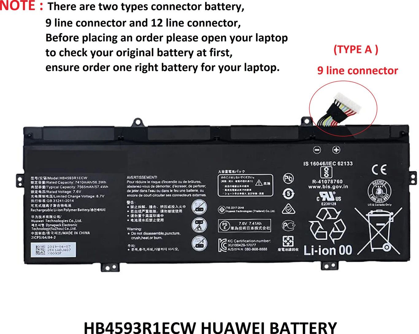 SOLUTIONS-365 HB4593R1ECW Laptop Battery for Huawei MateBook X Pro & MagicBook Series | 9-Cable Connector, 7.6V 56.3Wh 7410mAh Lithium-Polymer Rechargeable Battery 4 Cell Laptop Battery-image-43