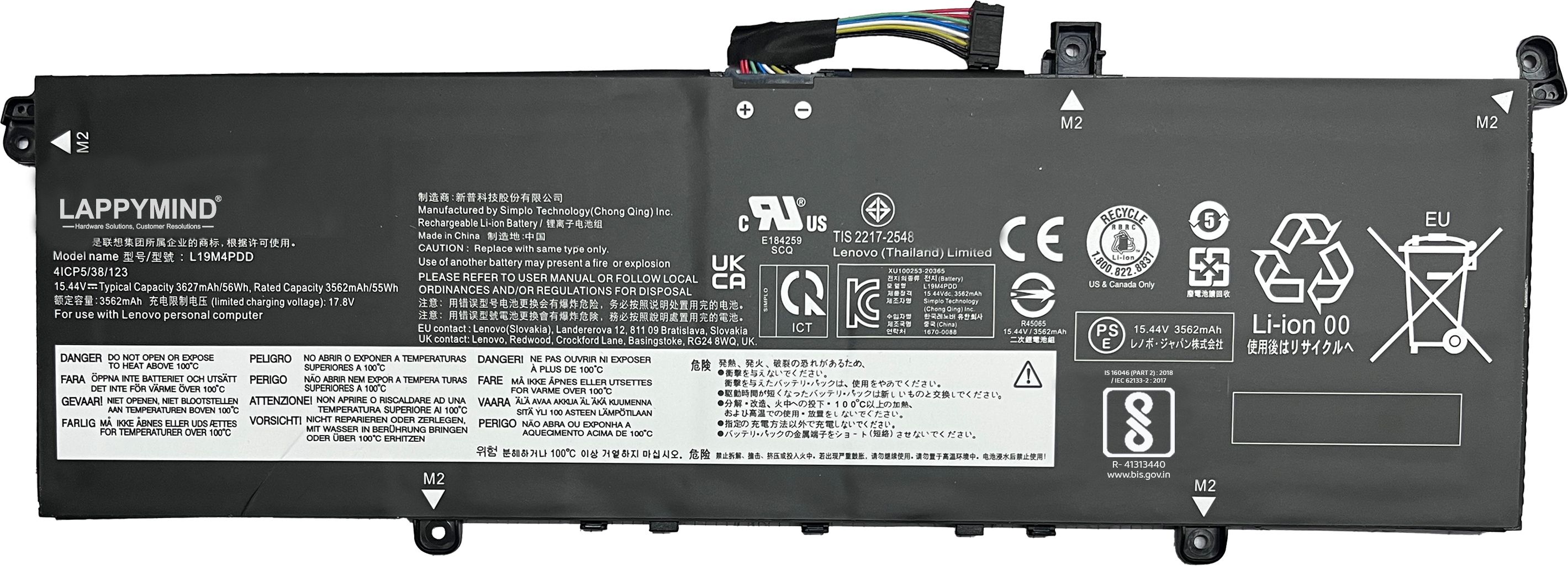 LAPPYMIND Manufacturer Model Number: L19M4PDDCompatible Alternate Numbers: L19C4PDD, L19D4PDDLenovo Factory Part Numbers: 5B10Z37617, 5B10Z37621, SB10Z37619 4 Cell Laptop Battery-image-7