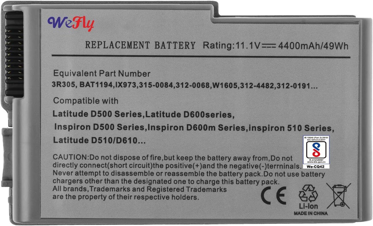 WEFLY Laptop Battery for De/ll Latitude D500 D510 D520 D530 D600 D610 03R305 04P894 06Y270 07W999 0R163 0W1605 0X217 0Y887 1312-0069 1M590 1X793 1X793A00 310-4482 310-5195 312-0068 312-0084 312-0090 312-0191 312-0195 312-0309 312-0408 312-4347 312-4437 312-4482 315-0084 377804 3R305 451-10132 451-10194 4M010 4M983 4P894 5X905 6P758 6Y270 7W999 7Y356 8Y136 999C6610F 9W723 9X821 BAT1194 C1295 C2603 D0980 DLD600 G2053 G2053A00 G2053A01 H9685 J2178 KD552 M9014 M9758 U1536 U1543 U1544 W1605 Y1238 Y1333 Y1338 YD165 6 Cell Laptop Battery-image-12