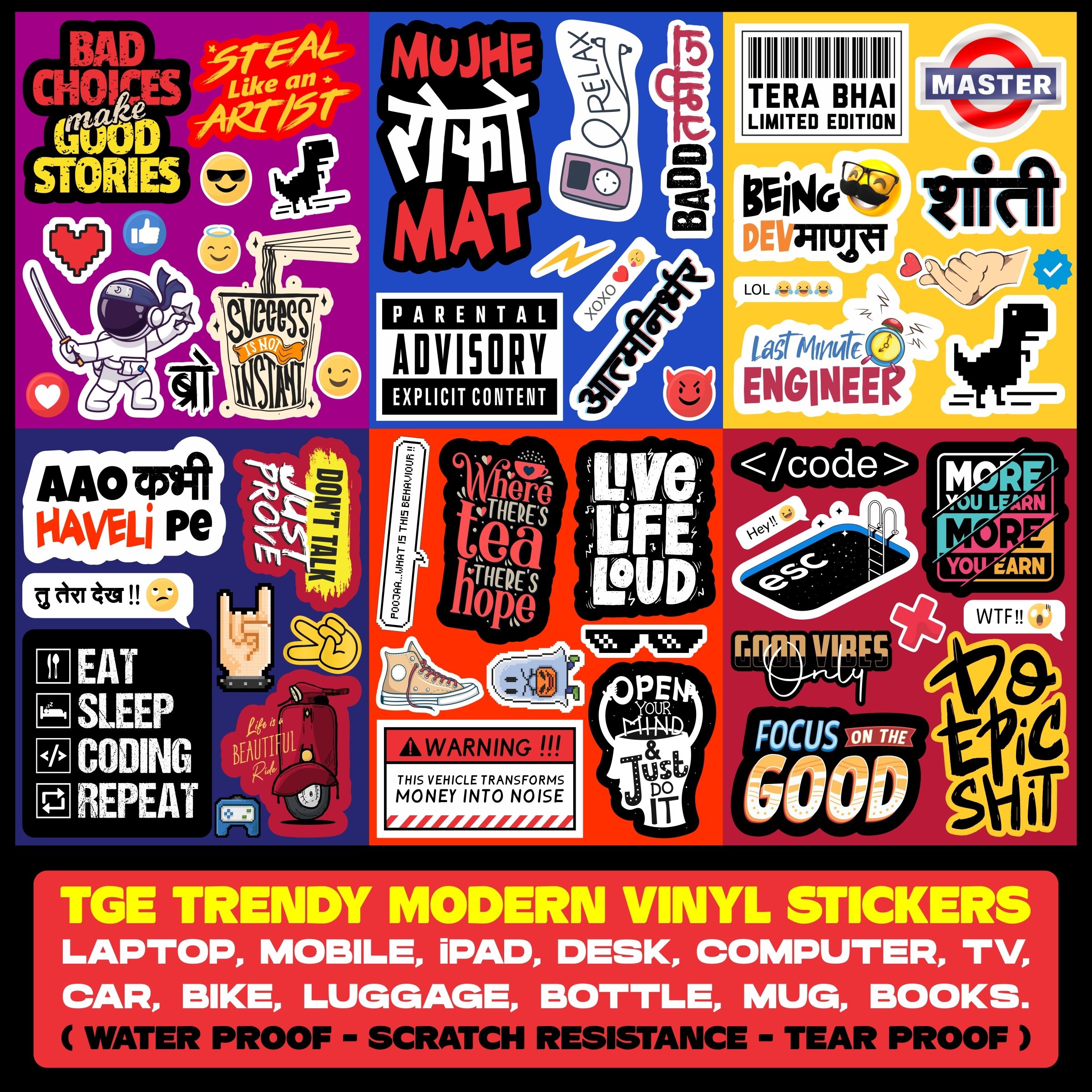 The Groot Echt TGE Trendy Modern Vinyl Stickers Pack of 54 for Laptop,Mobile,Gadgets,Car,Bike Vinyl, Structured Matt Lamination Laptop Decal 15.6-image-1