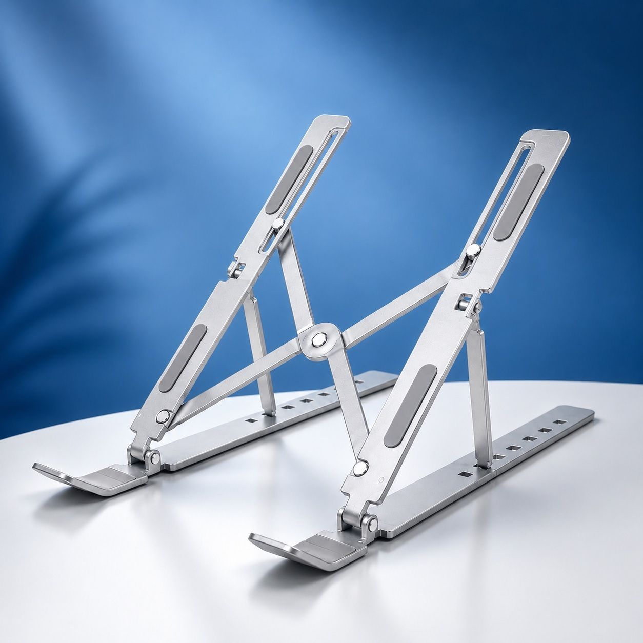 IsEqual Silver Metal 7 Adjustable Foldable Portable Laptop Stand Desktop Tablet Stand Steel Laptop Stand with Adjustable Height Compatible with 36 - 39cm Laptops-image-26