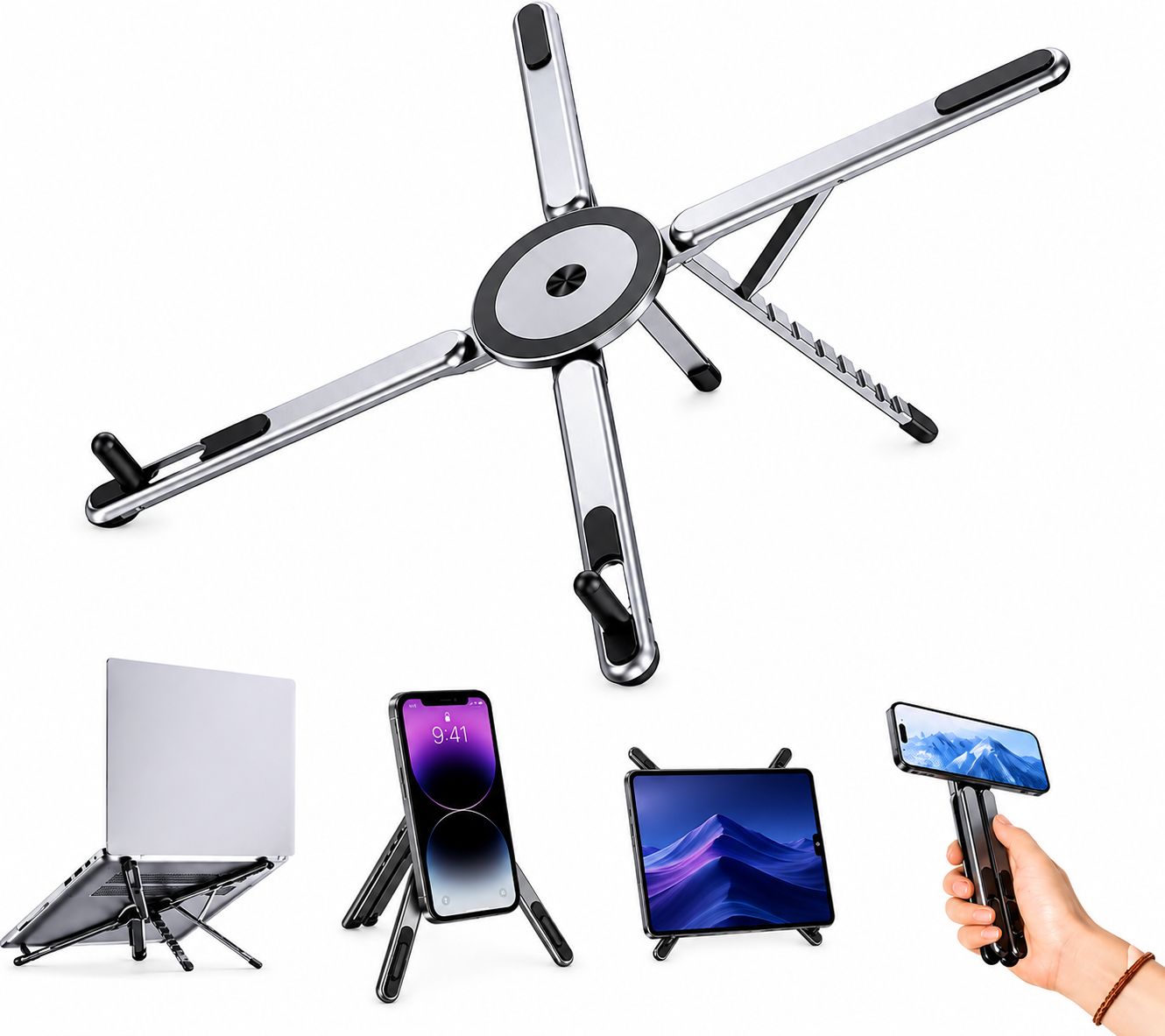 Hespa Lightweight Aluminium Laptop Stand with Stable Base & Multi Angle Support Compact Folding Mechanism Aluminium Rotatable Laptop Stand with Adjustable Height Compatible with Universal Laptops-image-1