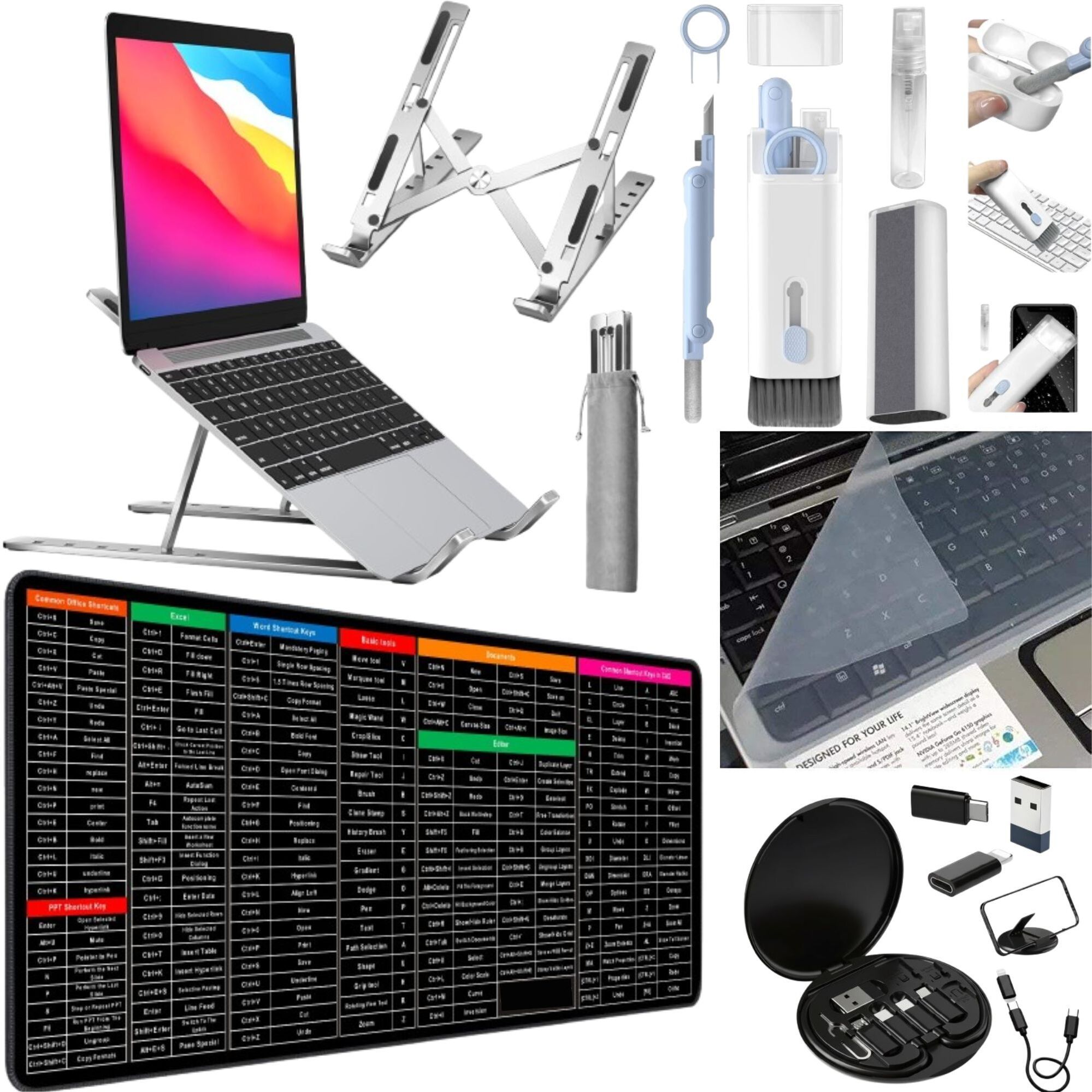 TRYV 5 in 1 Laptop Accessories Combo Stand Kit 5 in 1 laptop accessories stand combo cleaner kit cable set keyboard mat cover Aluminium, Silicone, Plastic Desk Stand Laptop Stand with Adjustable Height Compatible with Universal Laptops-picture-15
