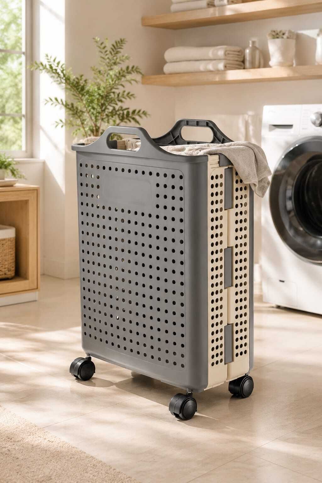 Foldable Laundry basket white Laundry Trolley-image-33