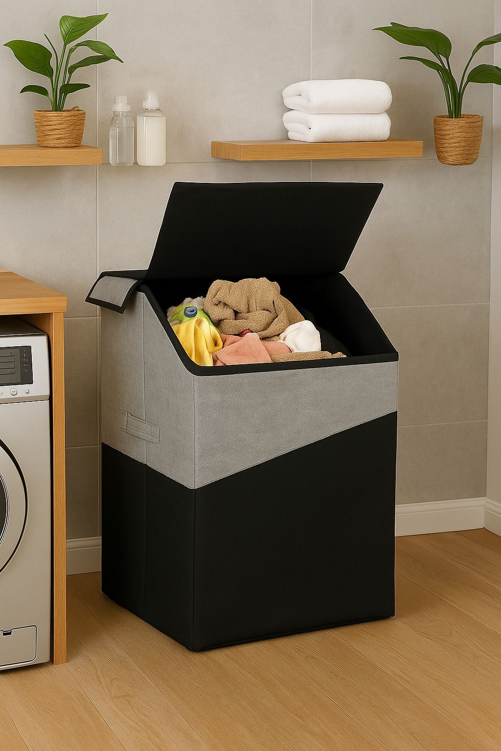70 L Black, Grey Laundry Basket-image-46