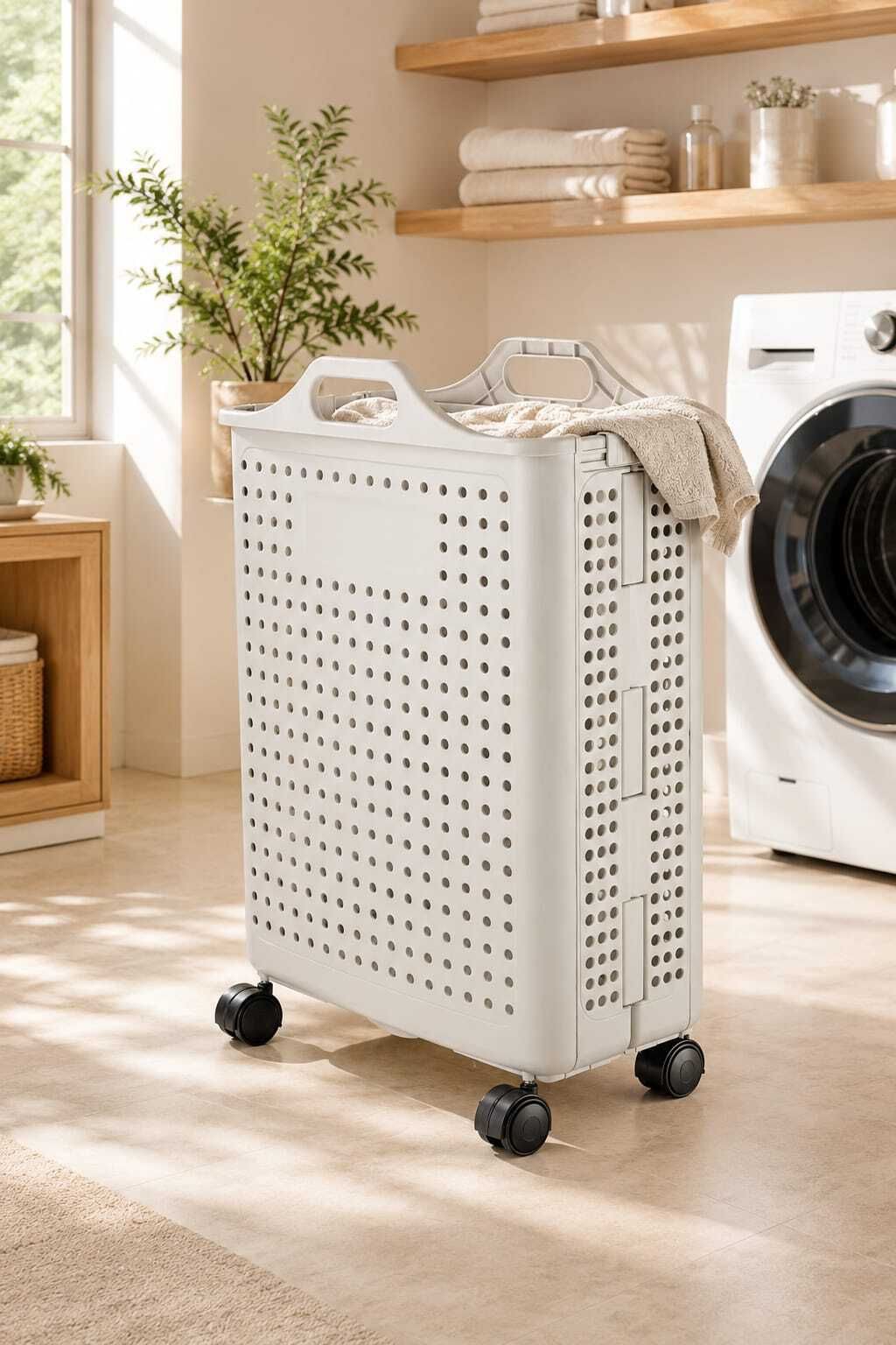 Foldable Laundry basket white Laundry Trolley-image-3