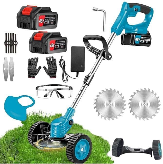 Grass Cutter Stringless Weed Eater,2 Types Blades (48v*2) Batteries Cordles Electric Grass Cutter Machine for Garden, Lawn Mower & Weed Trimmer Battery & AC Adapter Push Lawn Mower-image-0