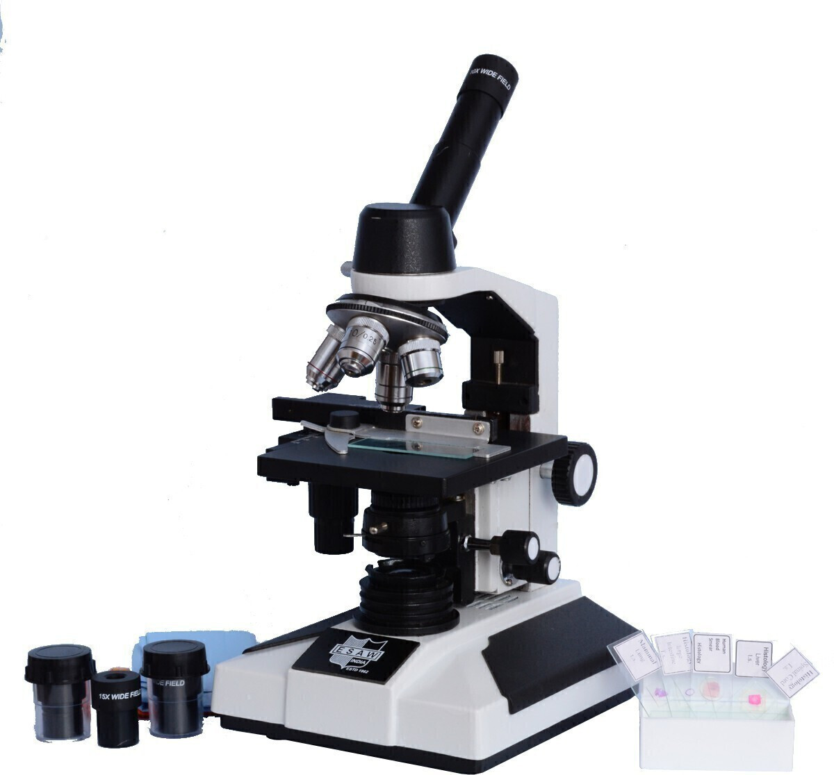 e.s.a.w Monocular Microscope With Both 10x And 15x Wf And Slide Box image 1