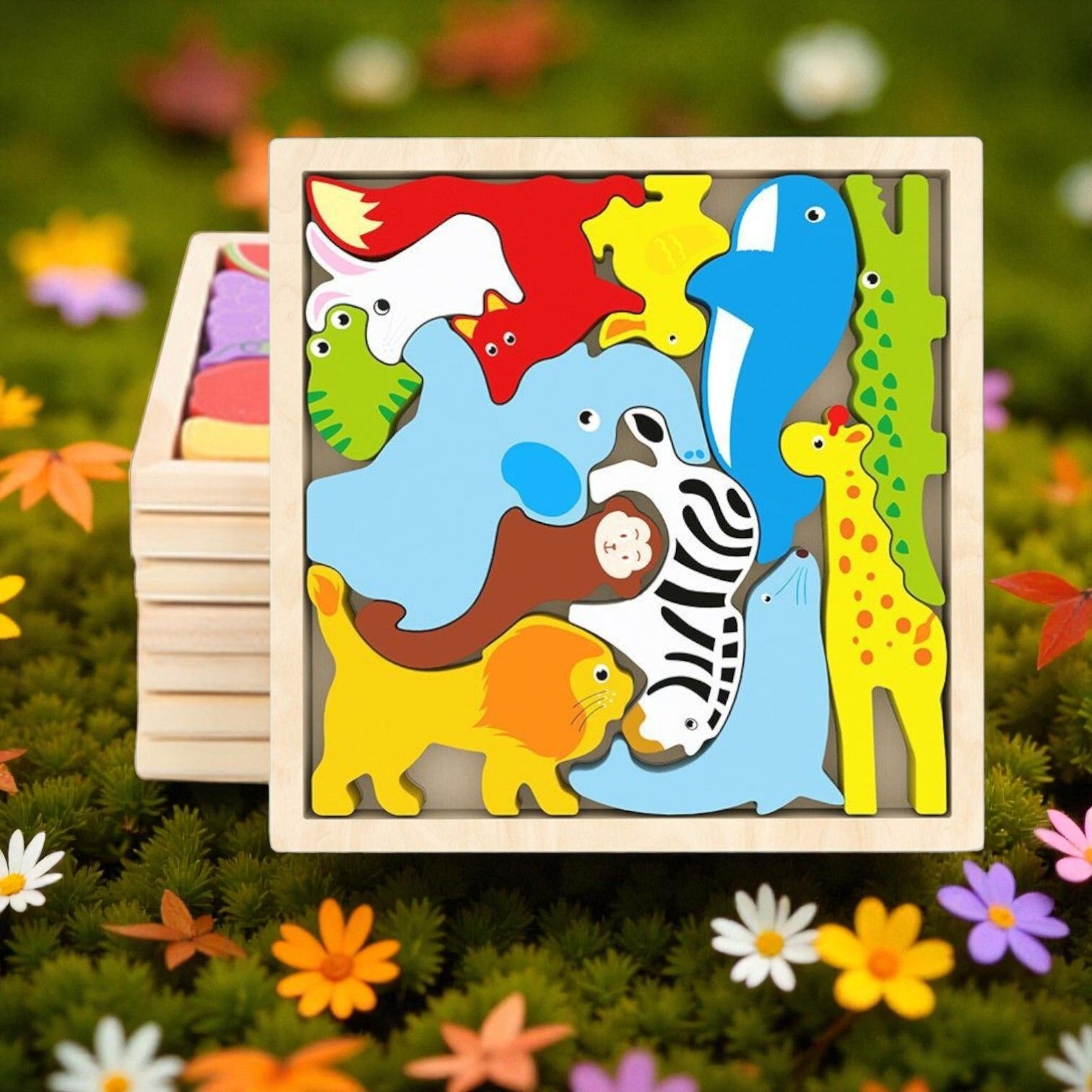 Multicolor Wooden Animal Puzzle – Fun & Educational Toy for Kids W44