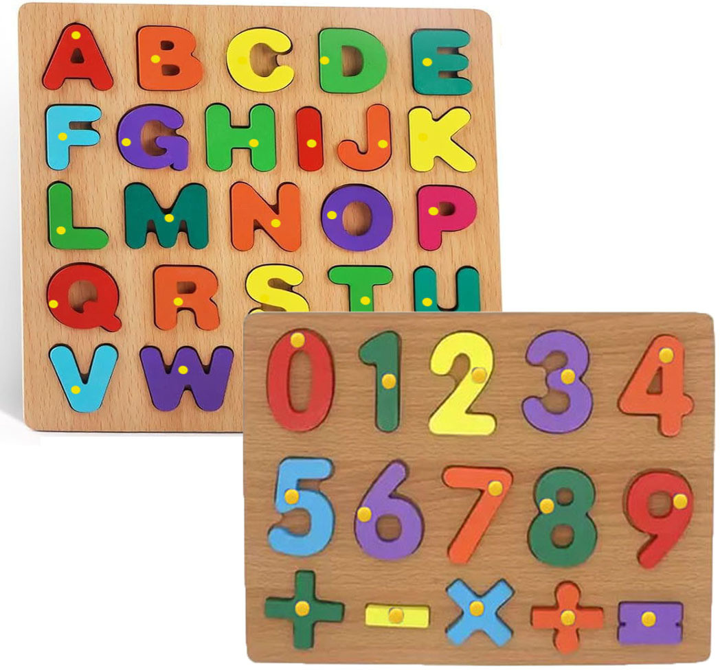 shalafi Pack Of 2 Counting Math Montessori Toys and ABCD Alphabets Matching Puzzle Board image 1