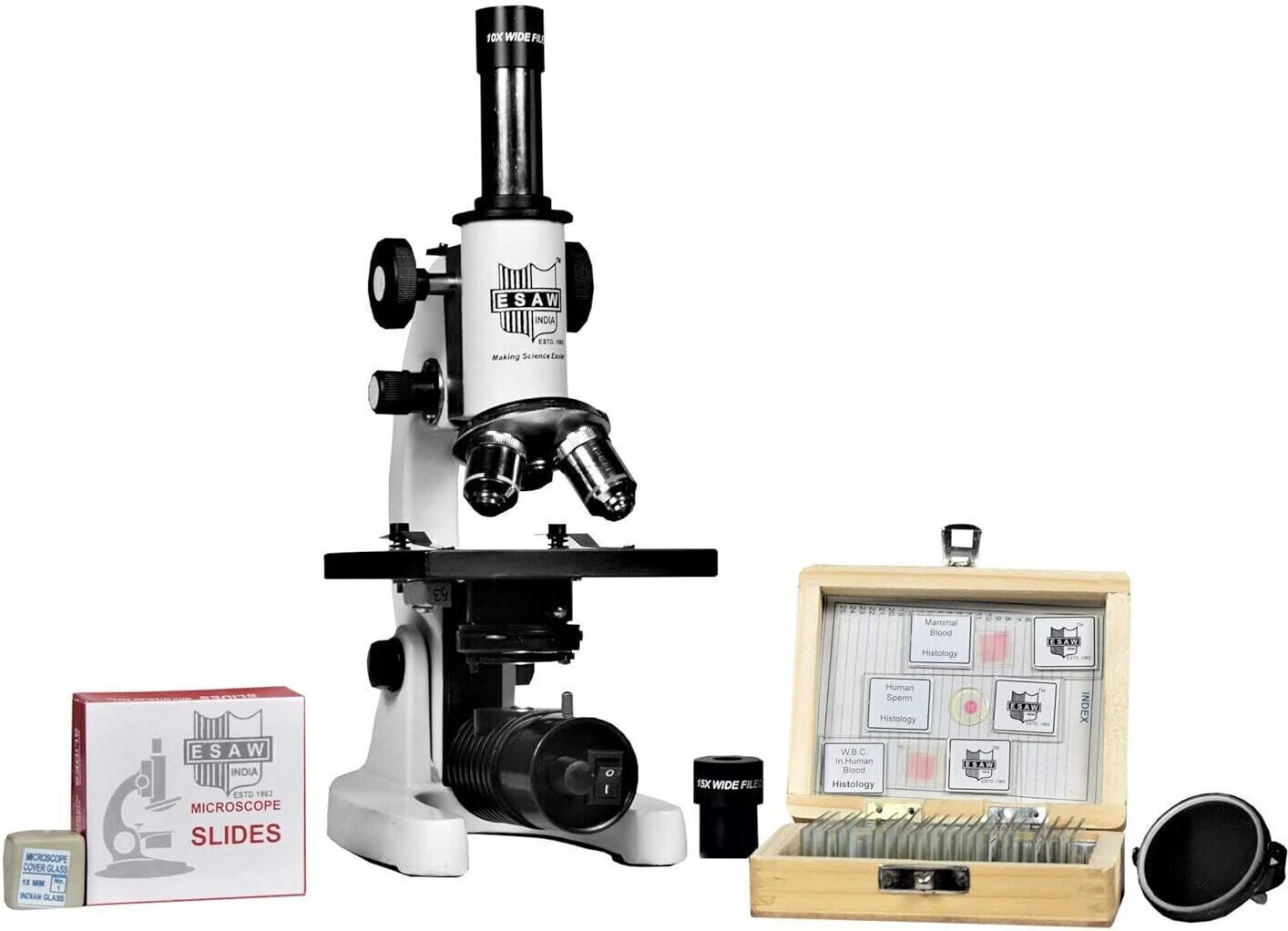 esaw SM-02 Student Compound Biological Microscope with 25 Prepared Microscope Slides image 1