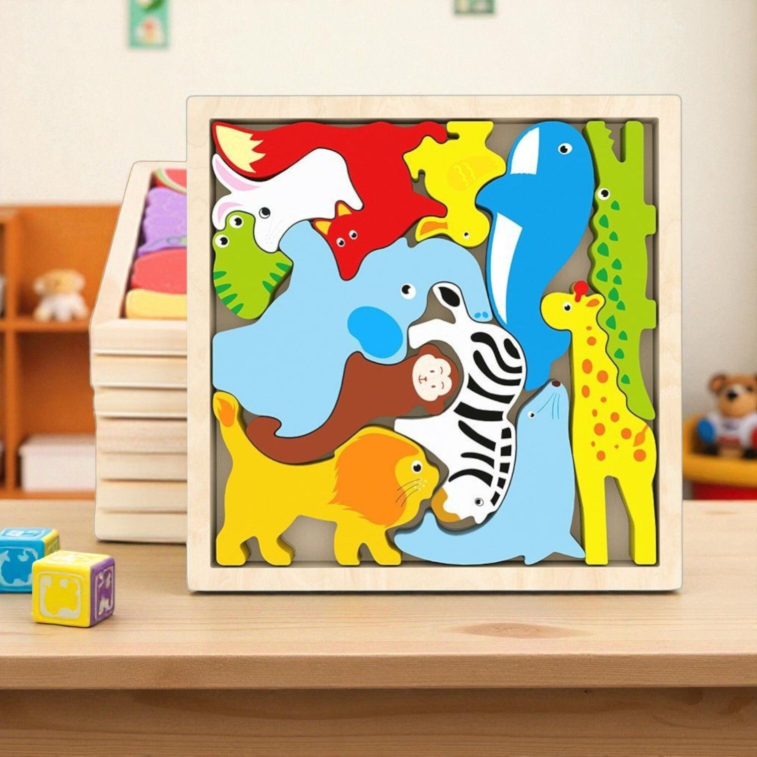 Multicolor Wooden Animal Puzzle – Fun & Educational Toy for Kids W78