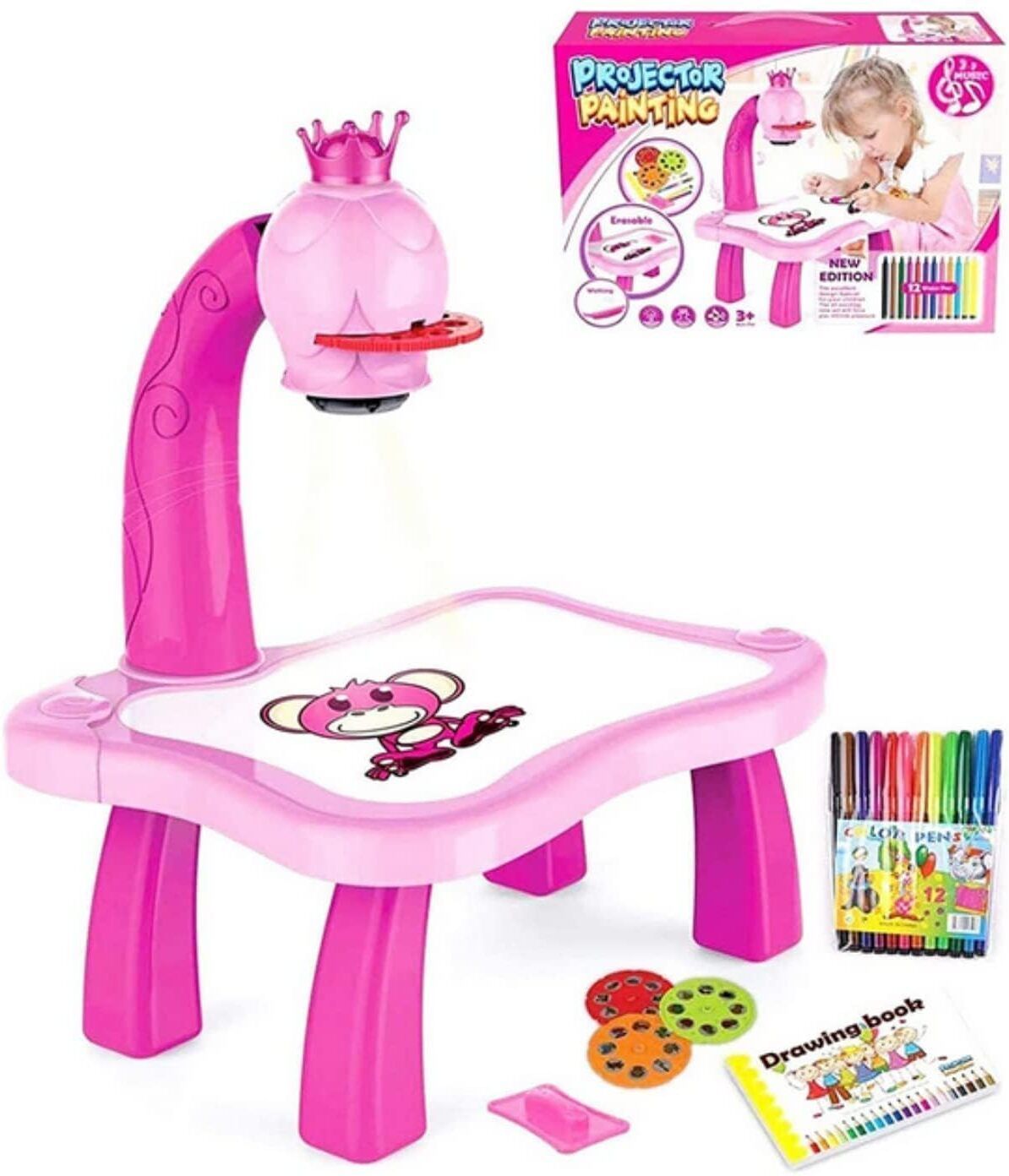 Kids Projector Drawing Table Art Learning Toy with 12 Pens Pink 3+ Years-image-8