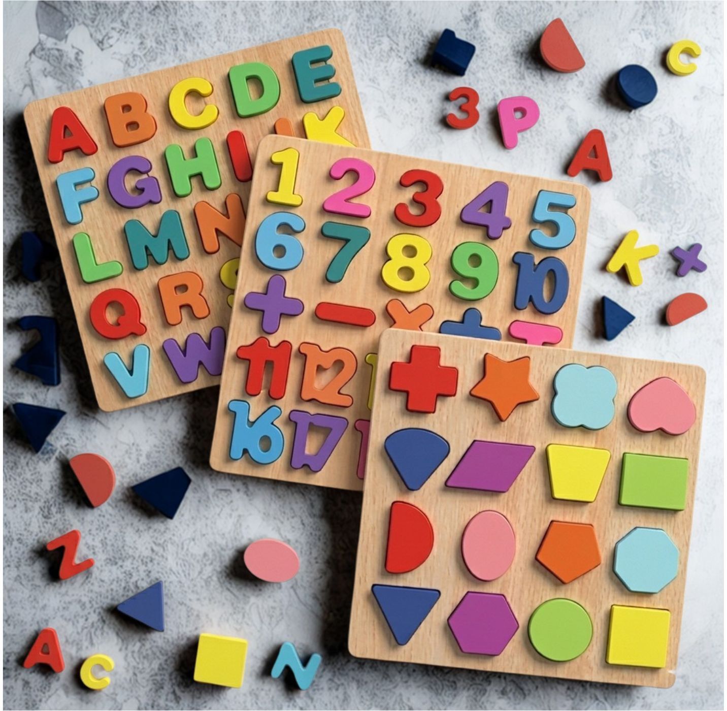 Wooden ABC Number Shape Puzzle Board Montessori Learning Toy for Kids P1S683-image-3