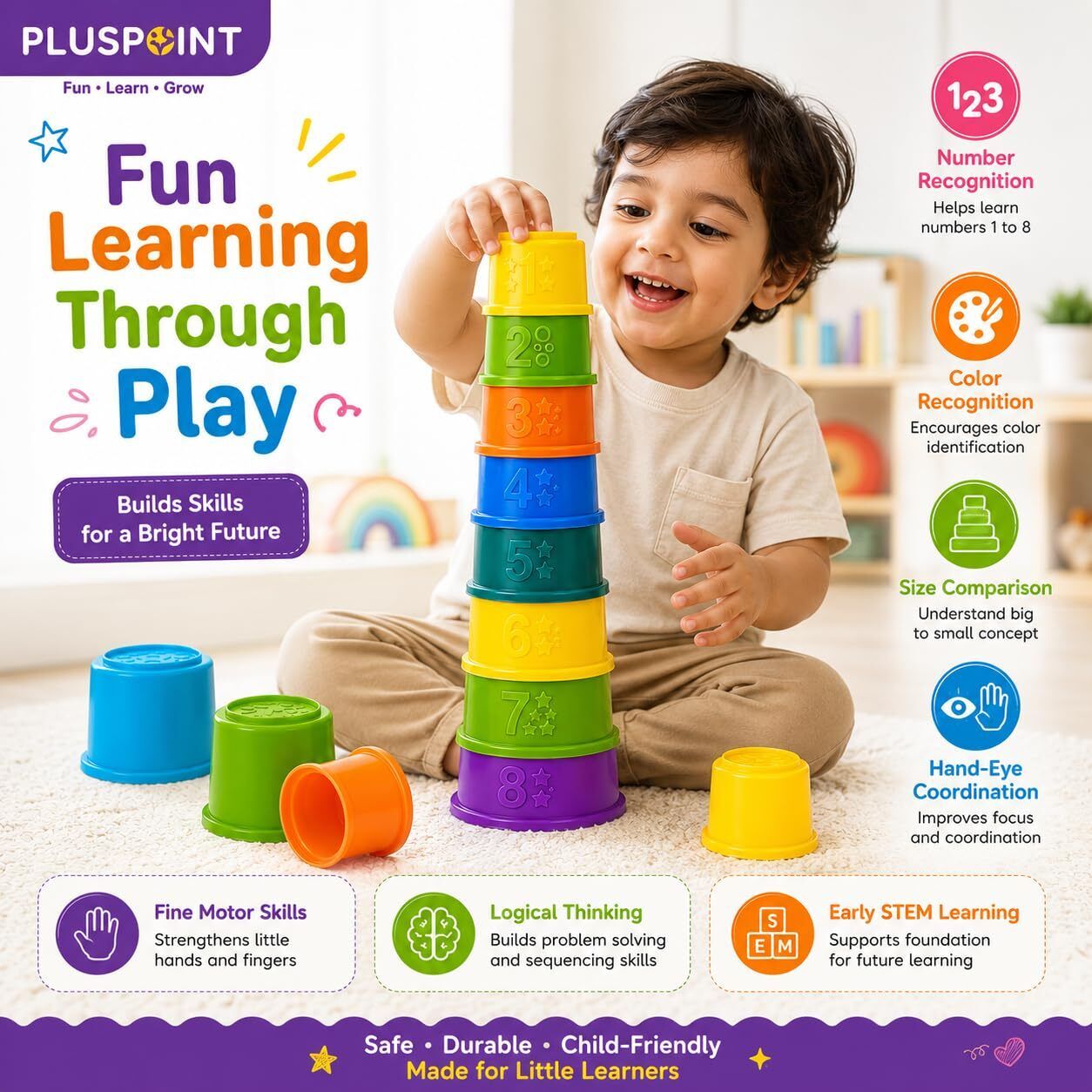 pluspoint Stacking Cups Baby Toy | 8-Piece Rainbow Nesting & Stackable Cups-picture-2