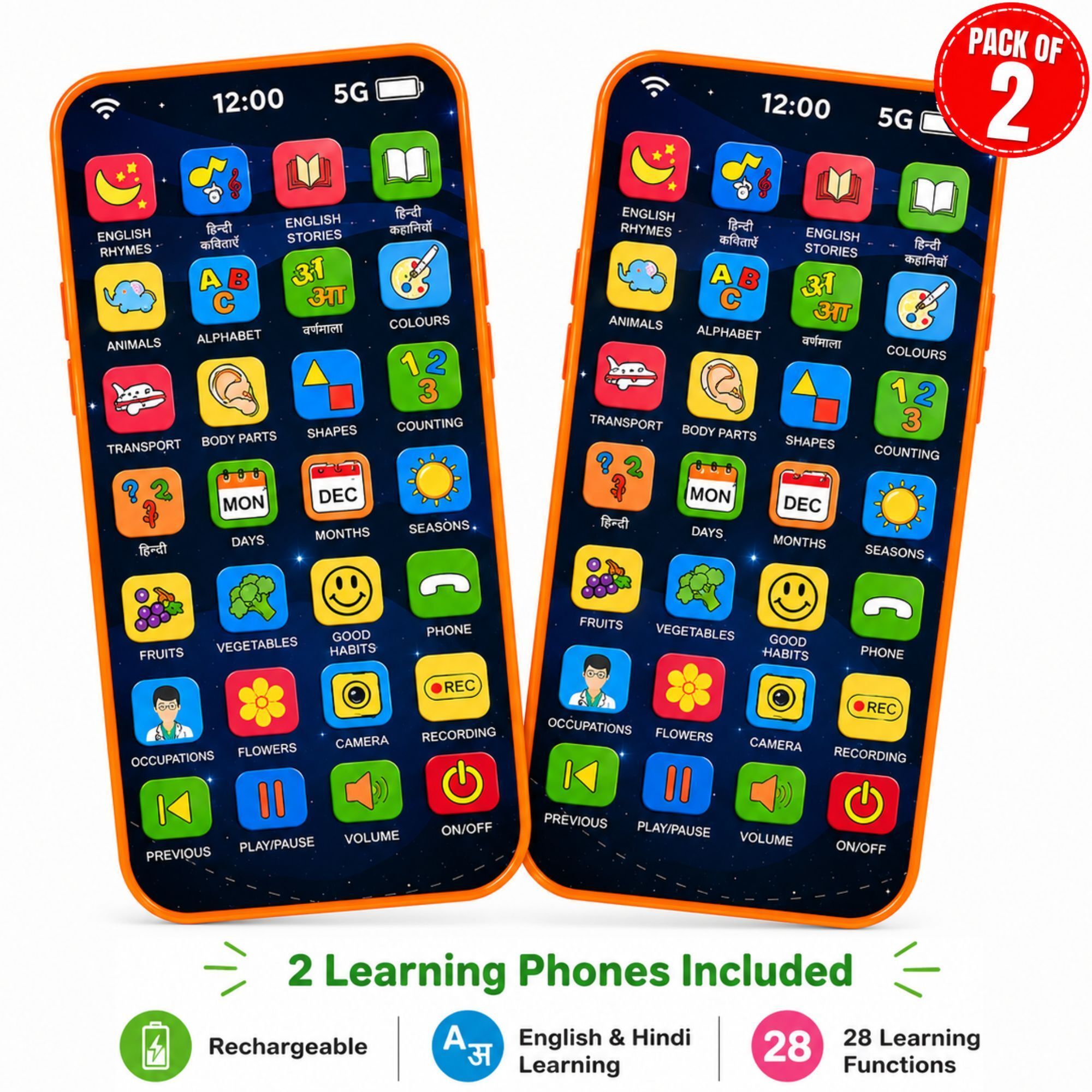 tovvoco (Pack of 2) Educational Phone Toy for Kids Rechargeable Learning Mobile Toy-picture-17