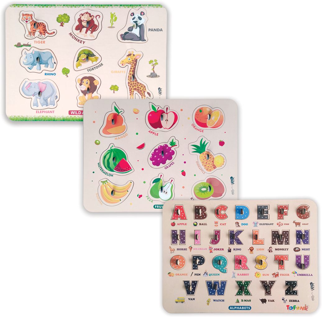 tofani Wooden Puzzle Pack of 3 | Wild Animals | Fruits | Alphabets | Learning Toy-picture-45