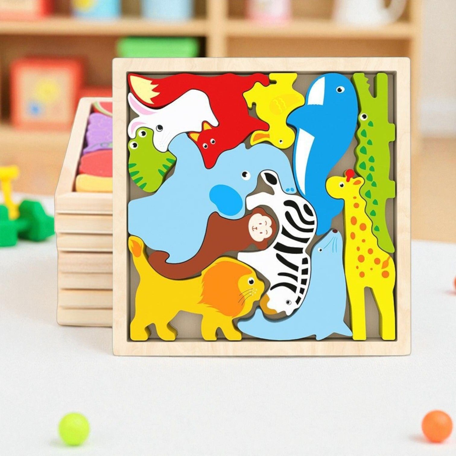Multicolor Wooden Animal Puzzle – Fun & Educational Toy for Kids W15