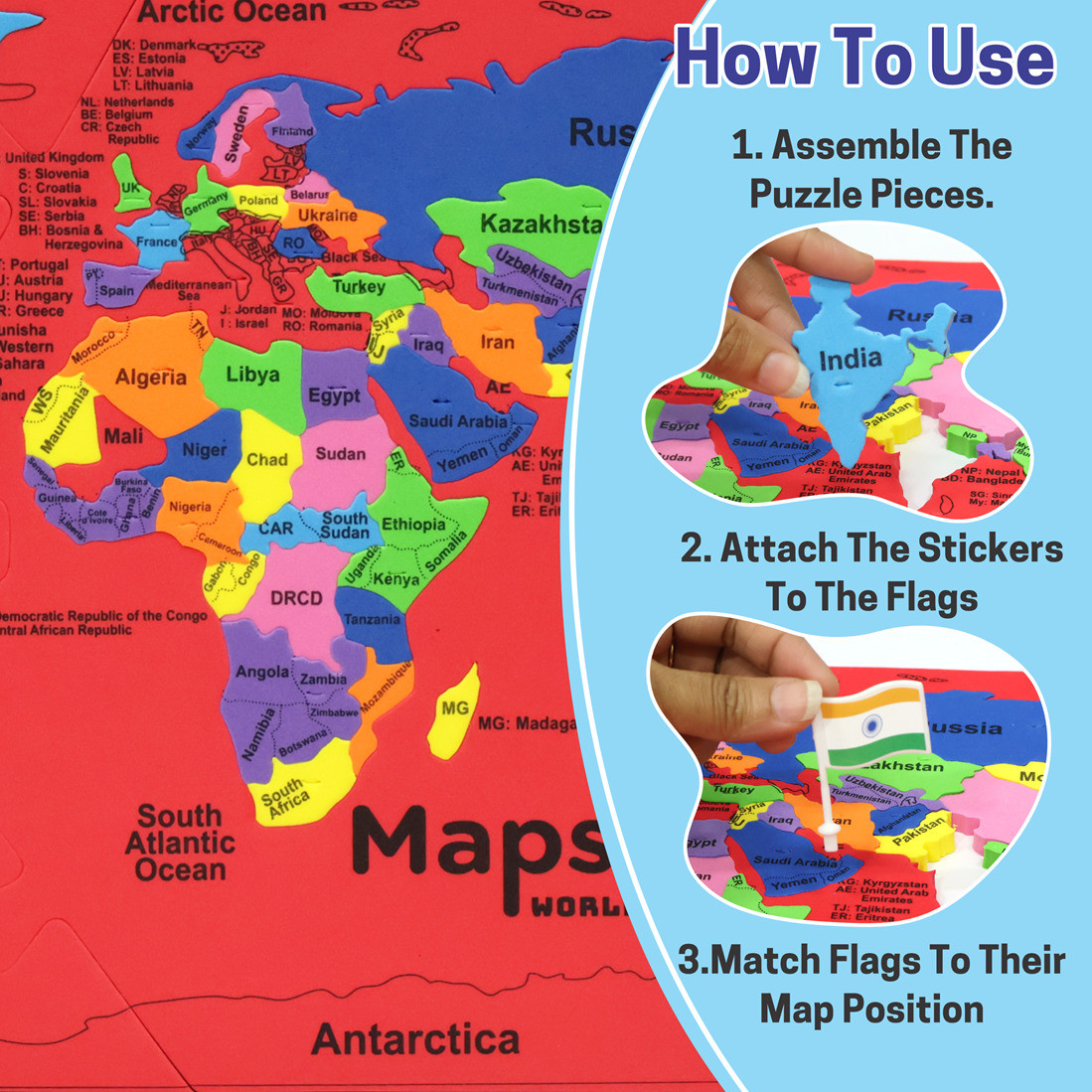 333mart MapsterWorld Map Puzzle for Kids Educational Foam Puzzle with 61 Country image 1