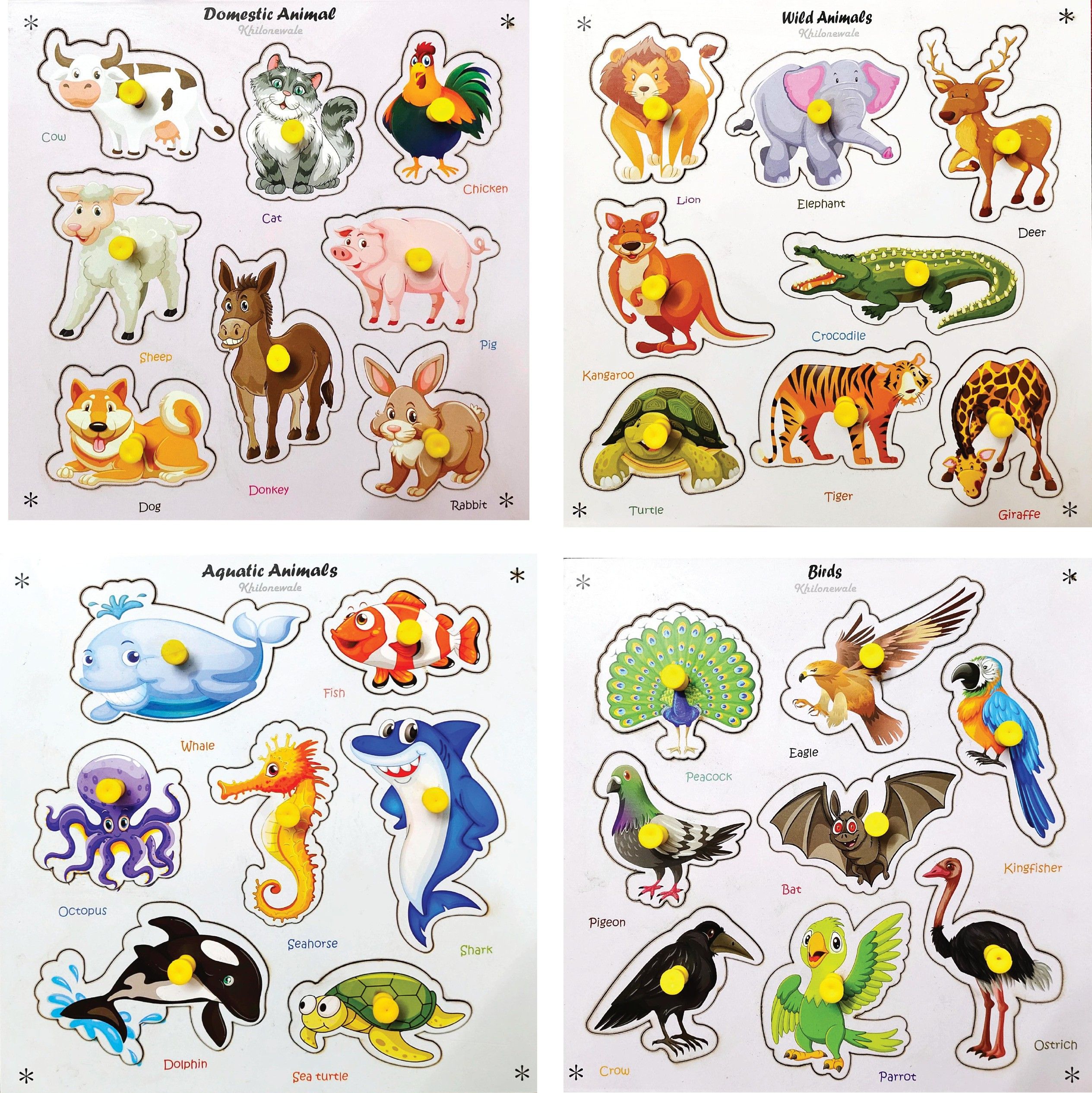 khilonewale Wild, Domestic, Aquatic animals & Birds Wooden Learning puzzle for kids-picture-13