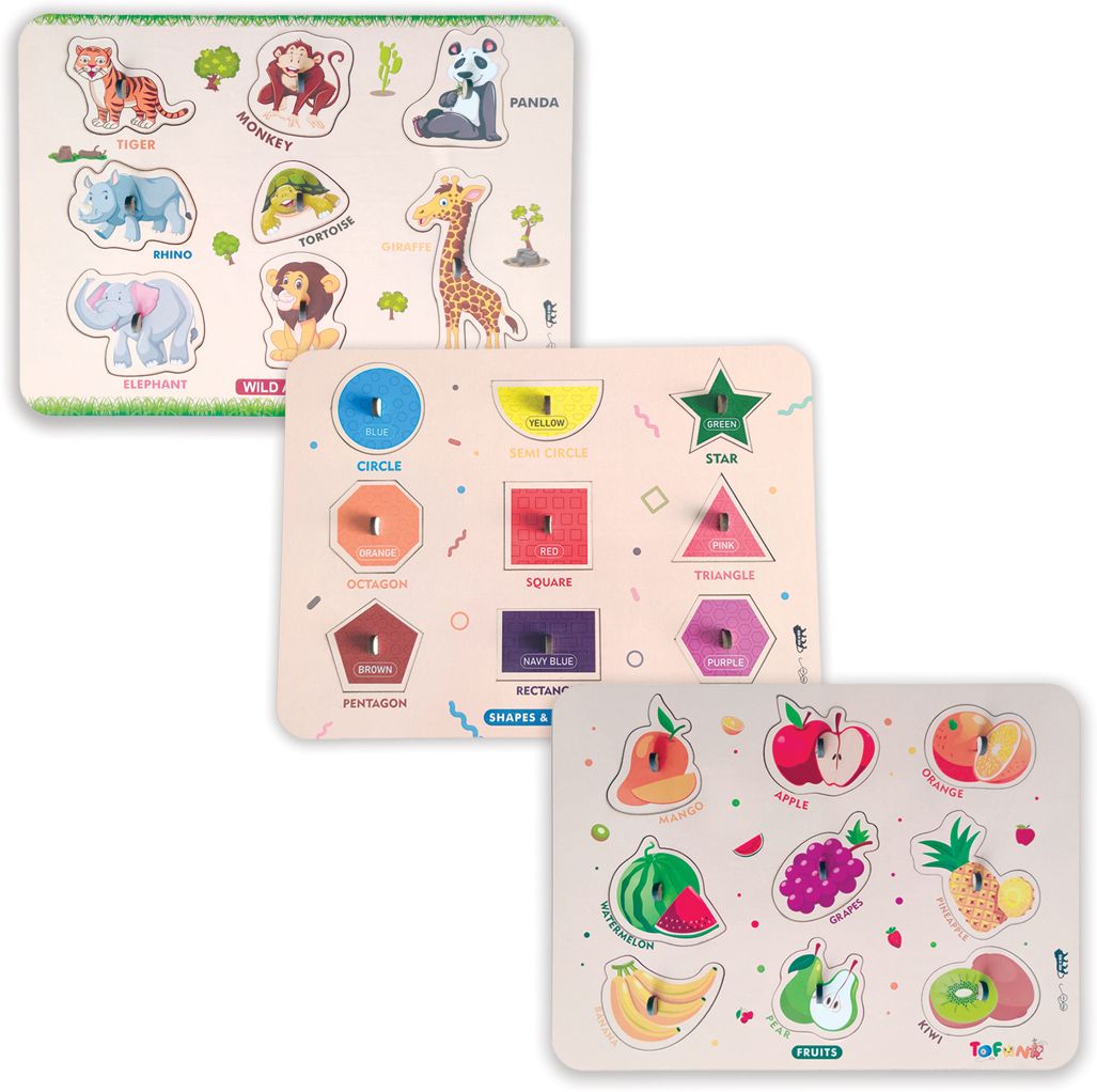 Wooden Puzzle Pack of 3 | Wild Animals | Shape Color | Fruits | Learning Toy-image-28