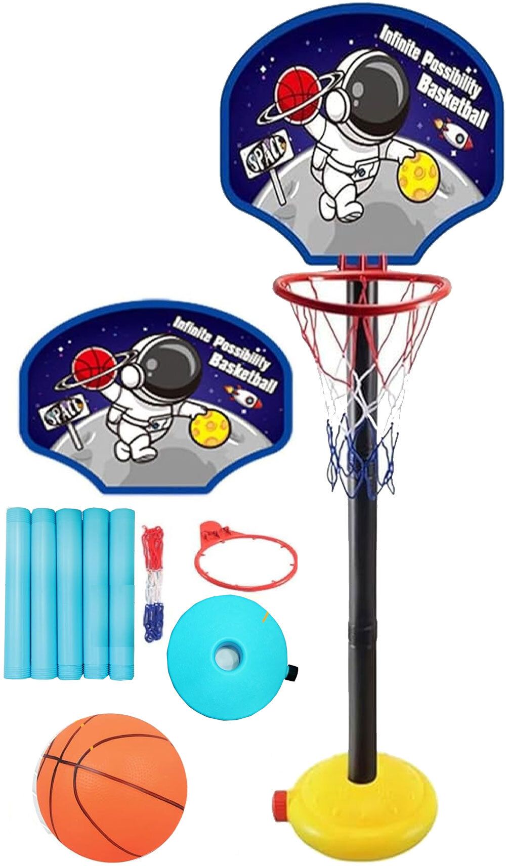 Kids Basketball Play Set Toys Space Theme Adjustable Hoop Stand with Ball & Net