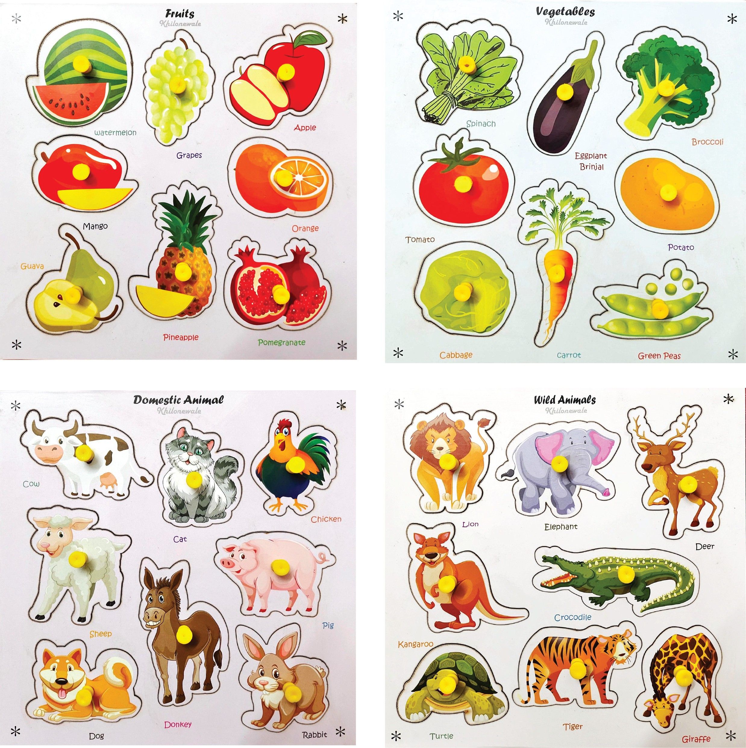 Fruits, Vegetables, Domestic & Wild Animals Wooden Learning Puzzle Boards