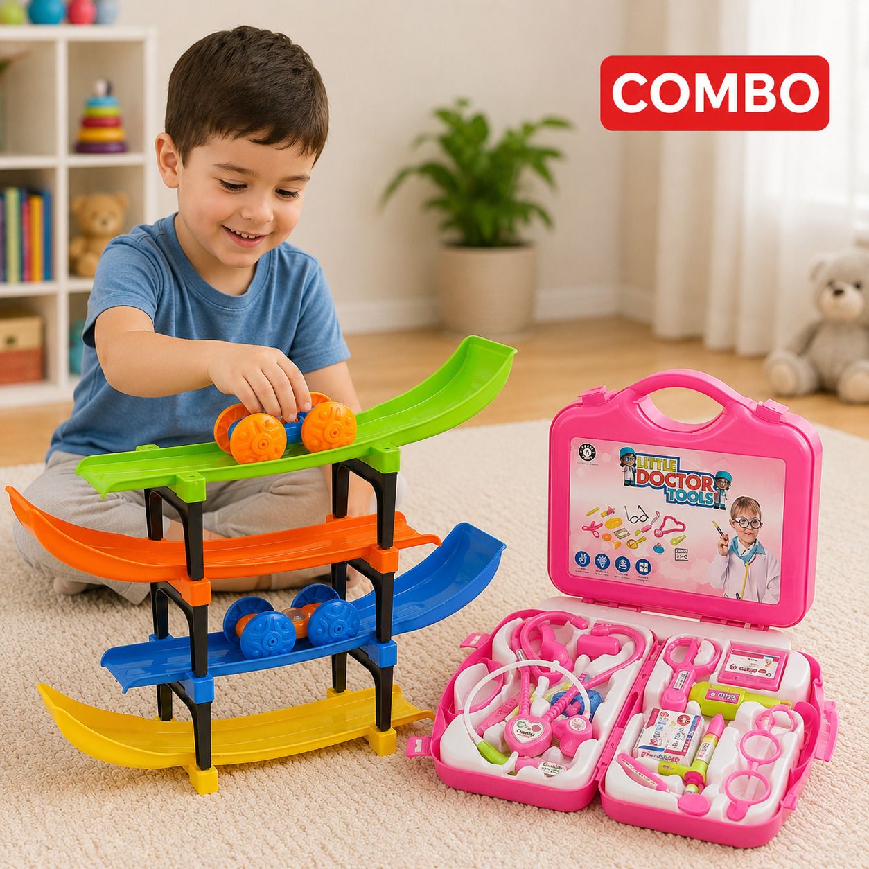 jasmincollection Doctor Play Set with 4 Level Car Ramp Track Toy Combo for Kids Age 3-picture-34