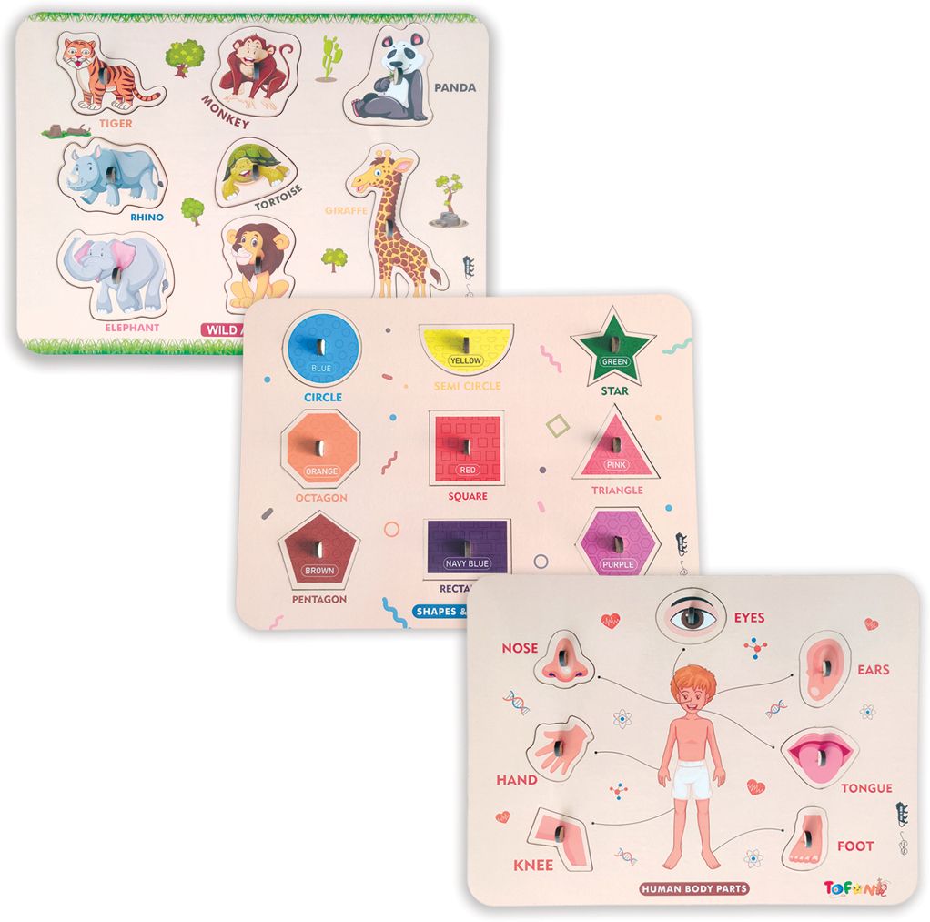 tofani Wooden Puzzle Pack of 3 | Wild Animals | Shape Color | Body Parts | Learning Toy-picture-25