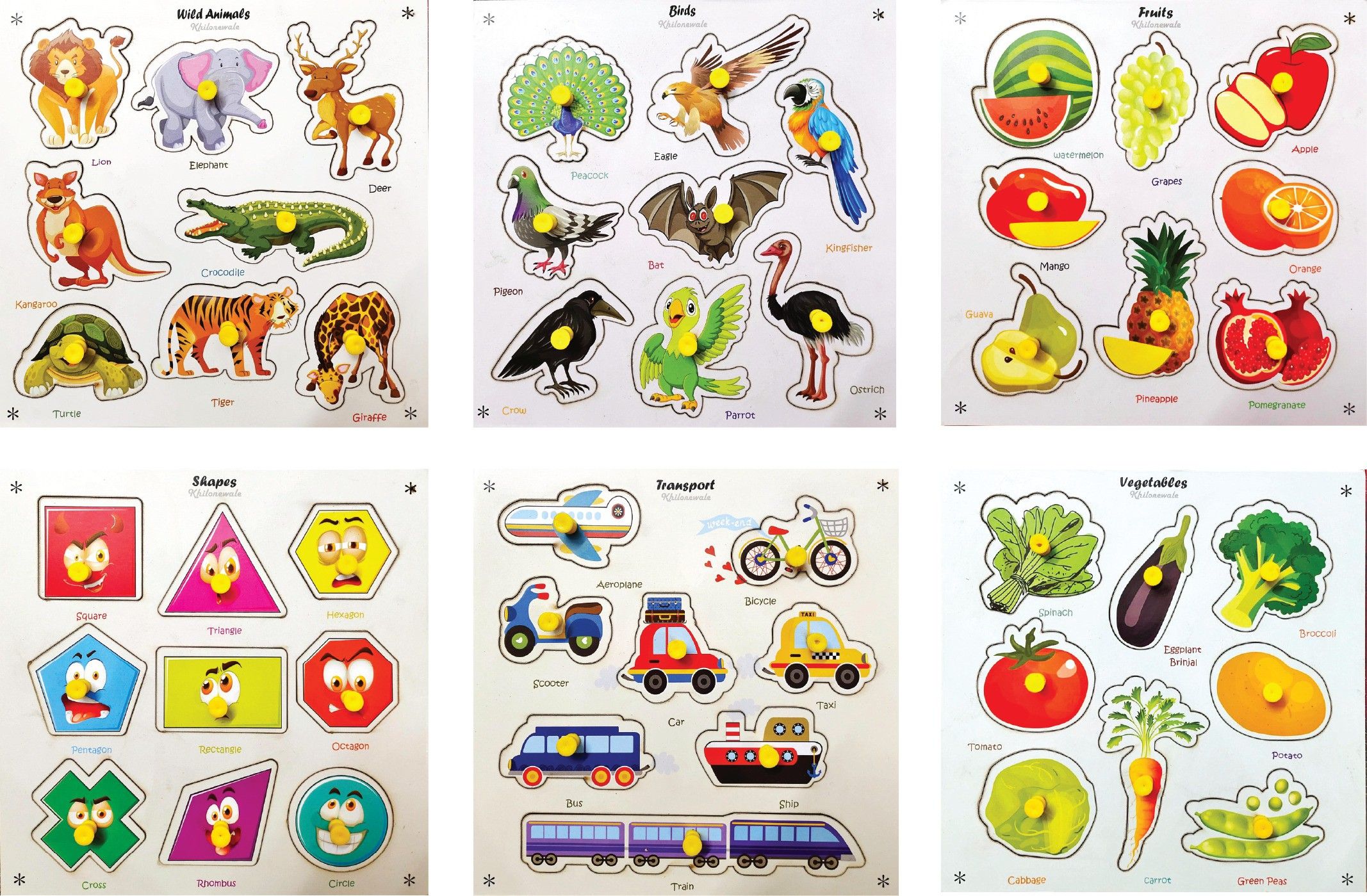 Fruits, Vegetables, Animals, Transport, Shapes, Birds Wooden Puzzle for Kids