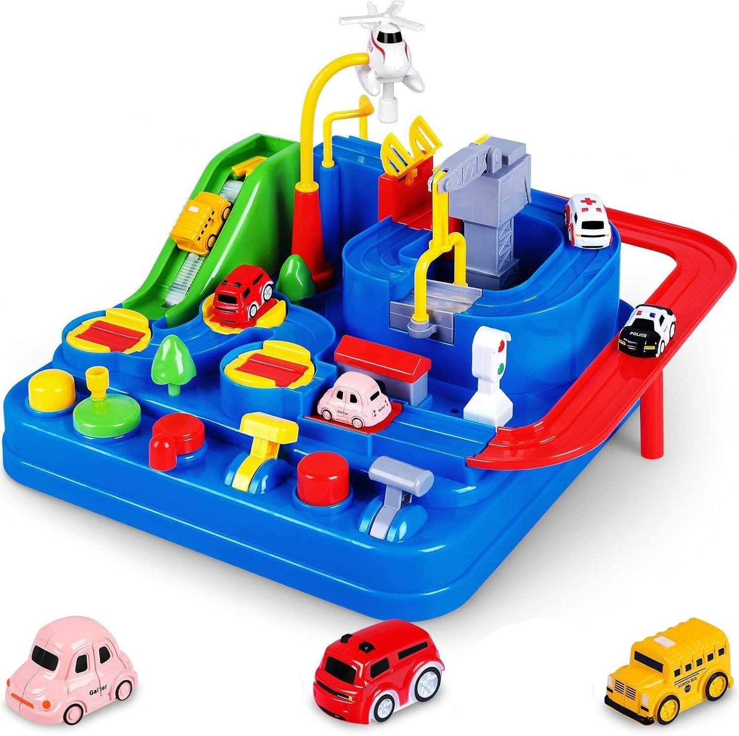 Car Parking Race Track Toy with Helicopter & 2 Cars for Kids 2+ Years