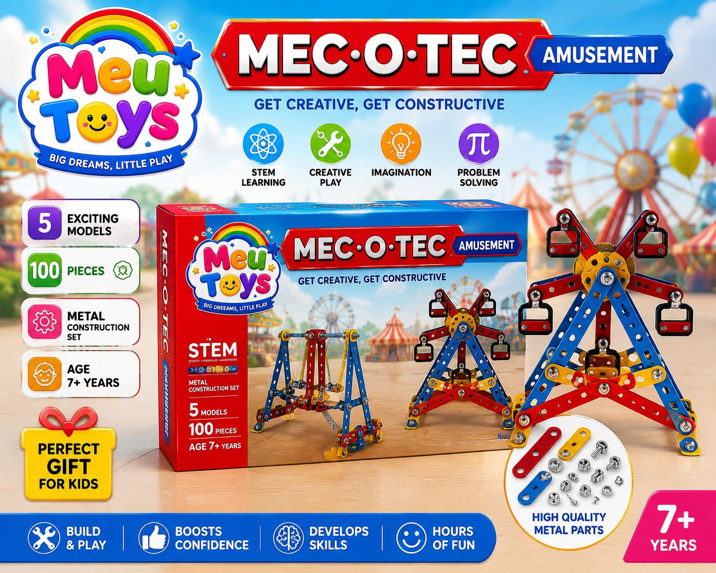 MEC-O-TEC Amusement 100-Piece Metal Construction Set for Kids (7+ Years)-image-44