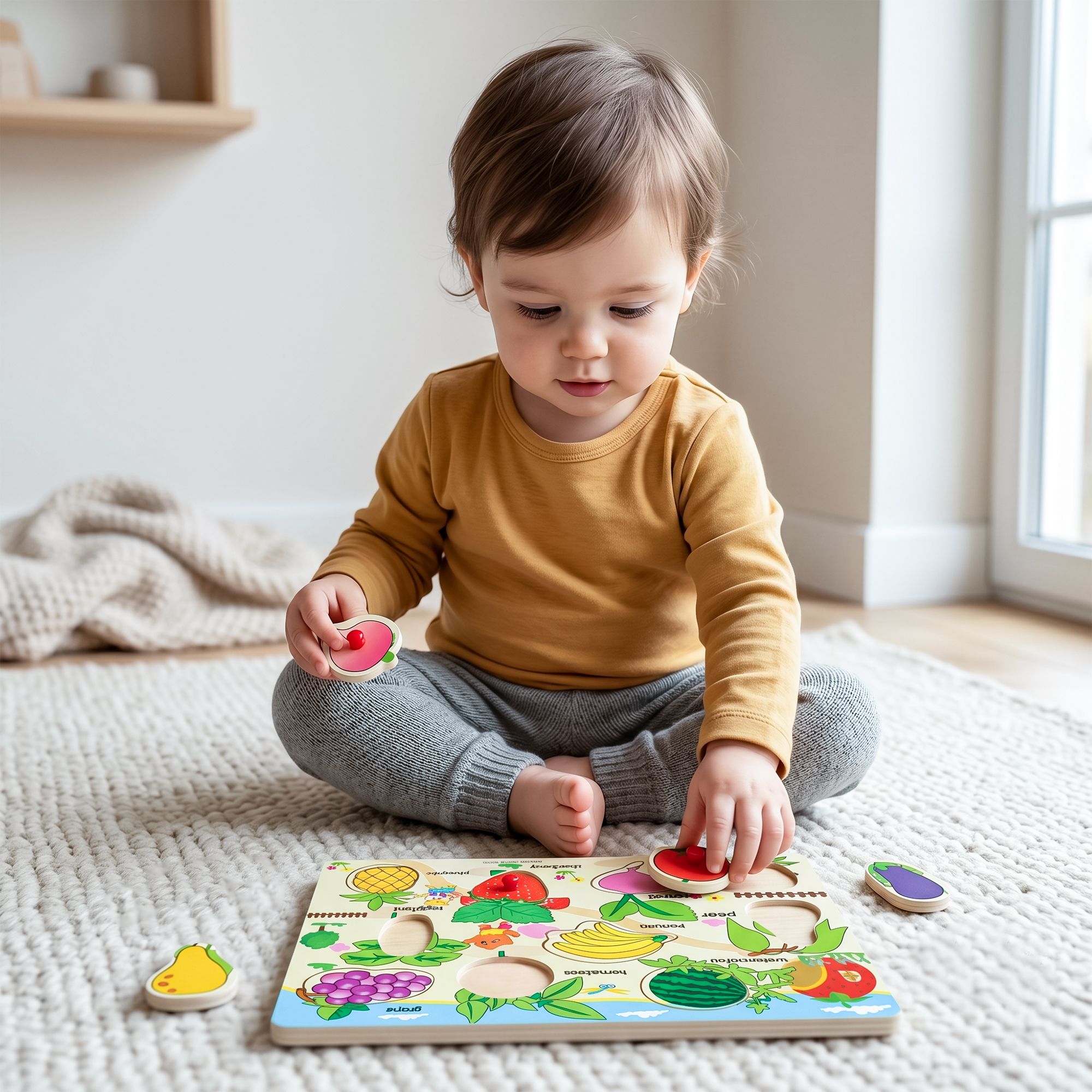 Wooden Fruits Vegetable Knob Puzzle Board Learning Toy for Kids 2+-image-4