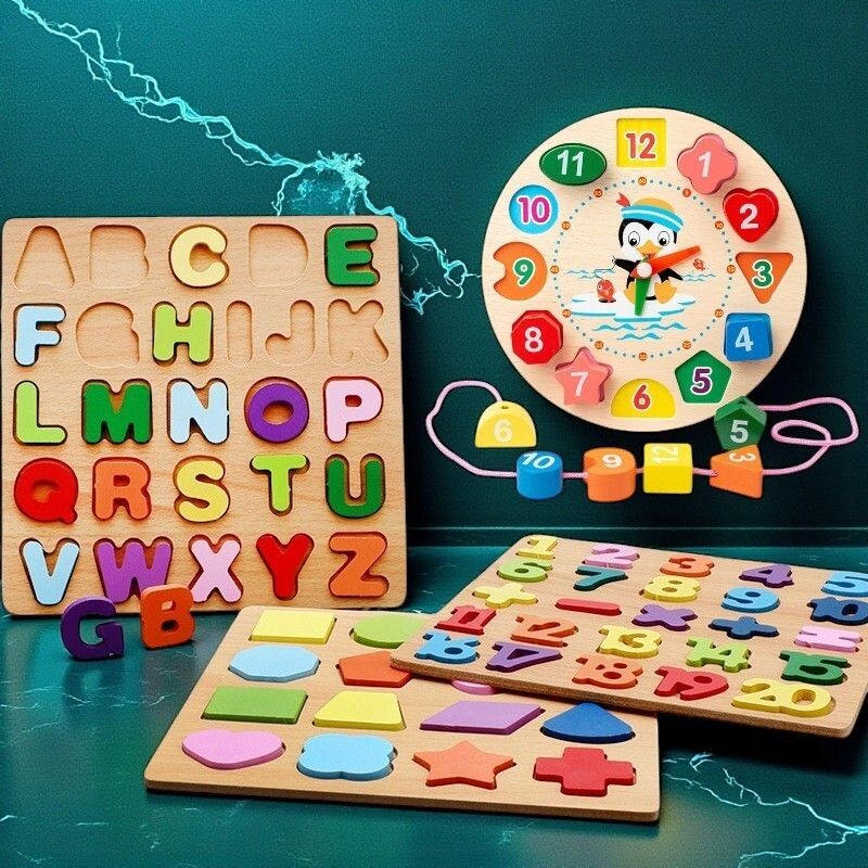 Wooden Educational Puzzle Toy Set for Kids – Alphabet,Numbers,Shapes & Clock C1-image-39
