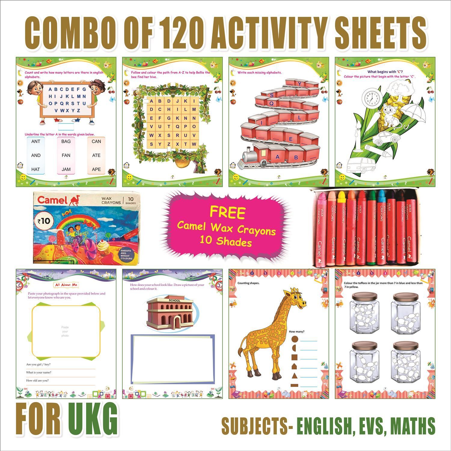 mapshub UKG Activity Sheets (120 Pages)|Learning & Creativity|With 10 Wax Crayons Shades School Set-picture-13