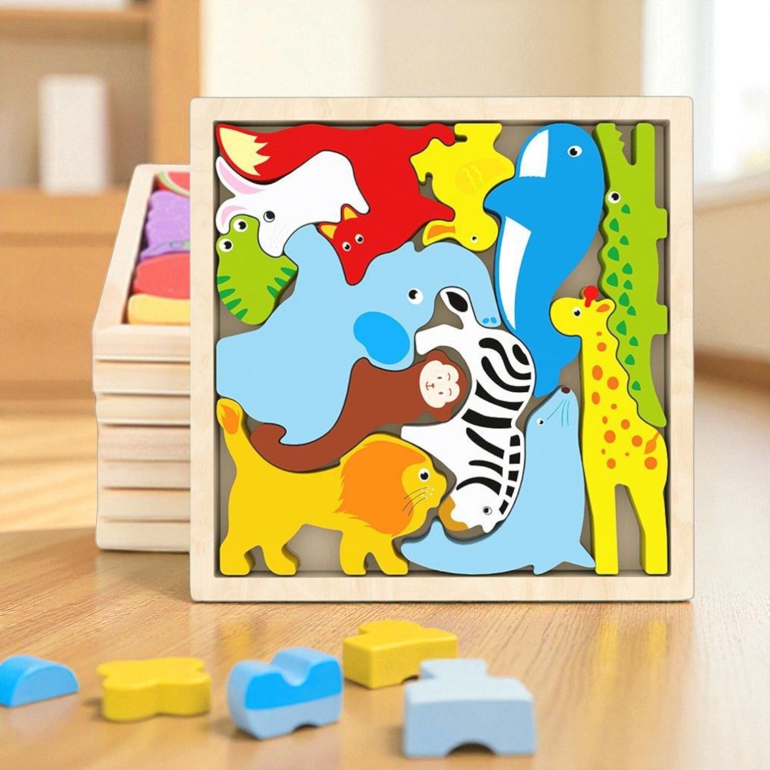 Multicolor Wooden Animal Puzzle – Fun & Educational Toy for Kids W109