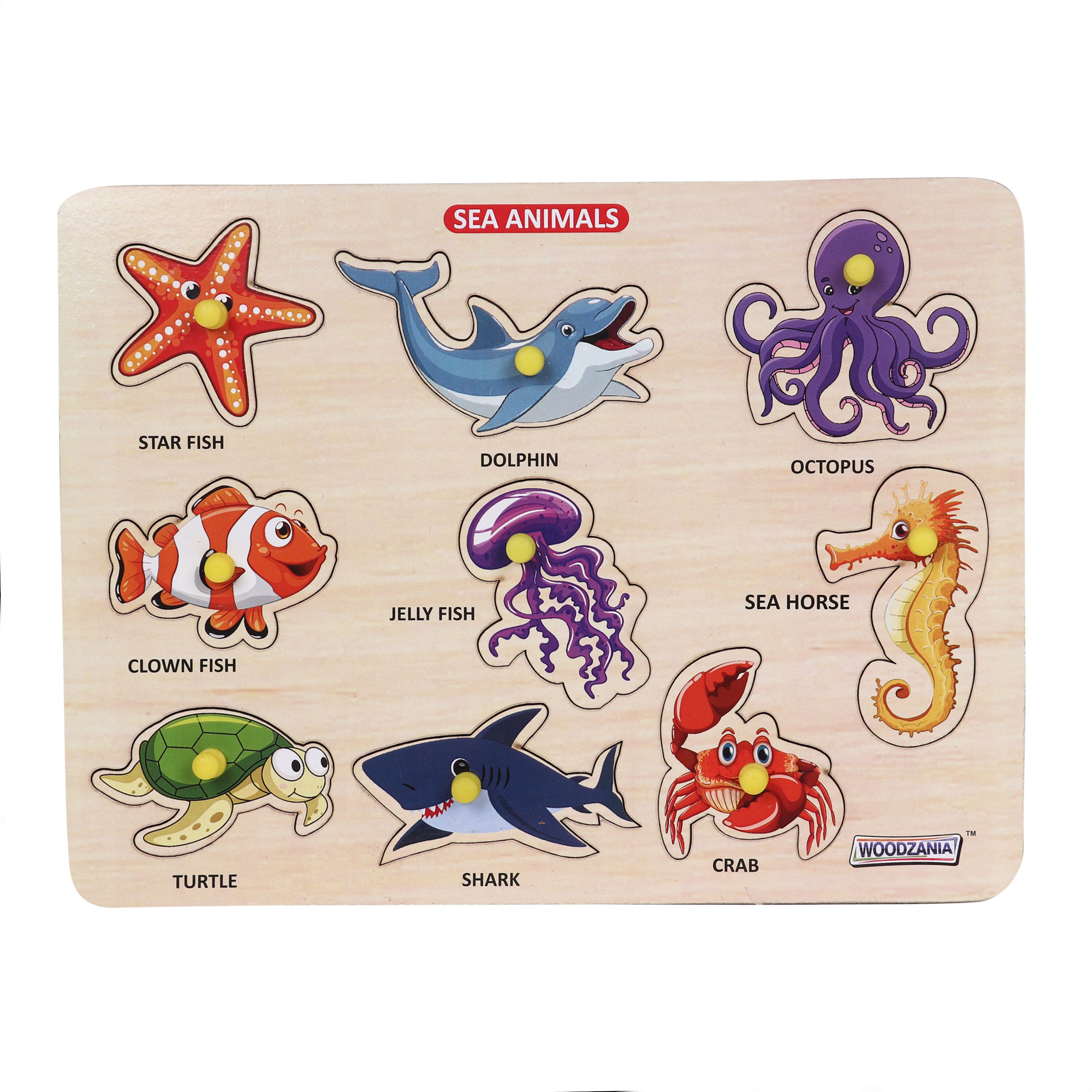 Wooden Aquatic Animals Educational Tray with Knob